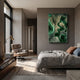 Terracore Deep Green Contour Relief Abstract 3D Wall Art by Giant Sculptures displayed above a bed in a modern bedroom with a leather lounge chair.