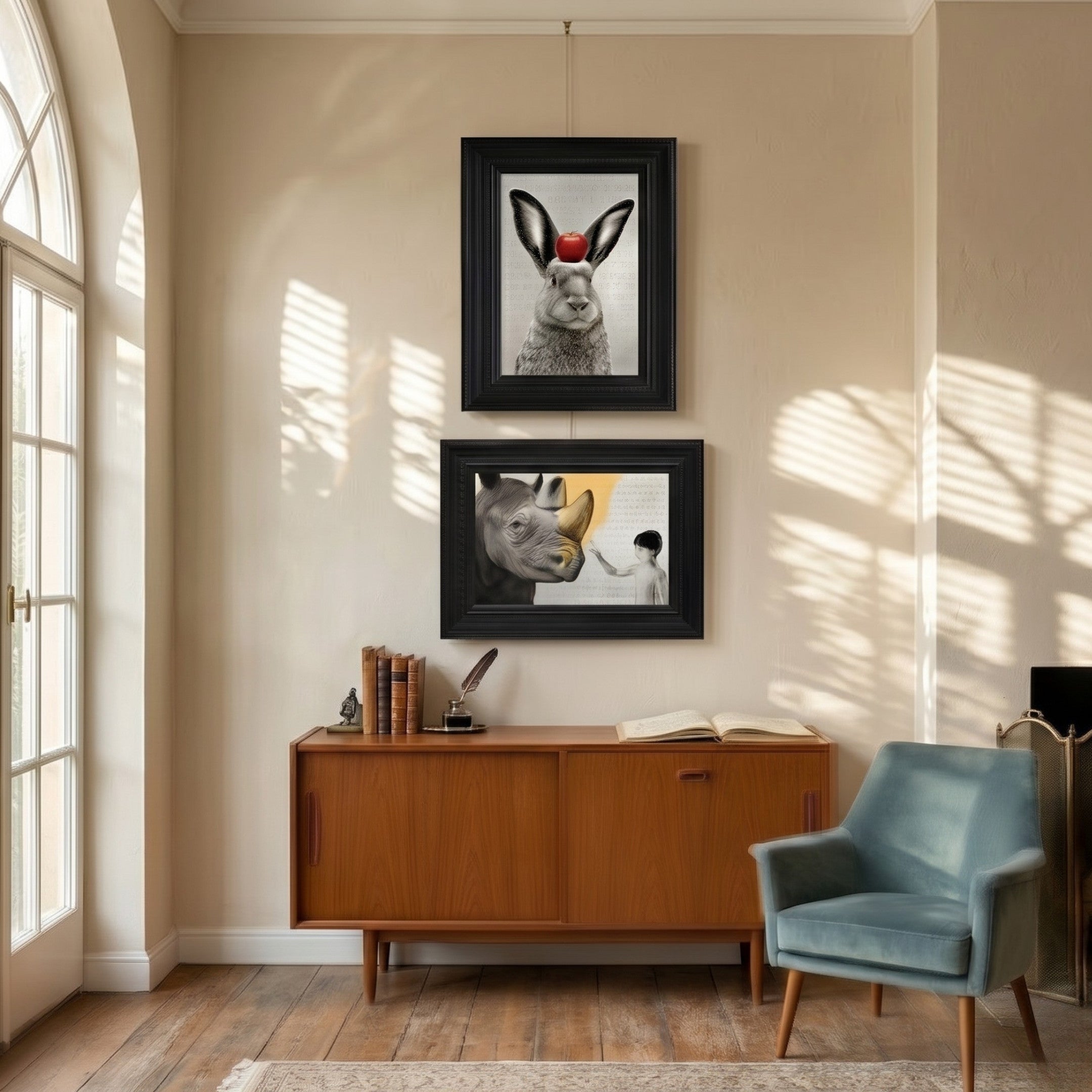 Ardensir Rabbit & Rhino Surreal 2-Set Framed Wall Art by Giant Sculptures displayed vertically in a sunlit room above a mid-century wooden sideboard and blue armchair.