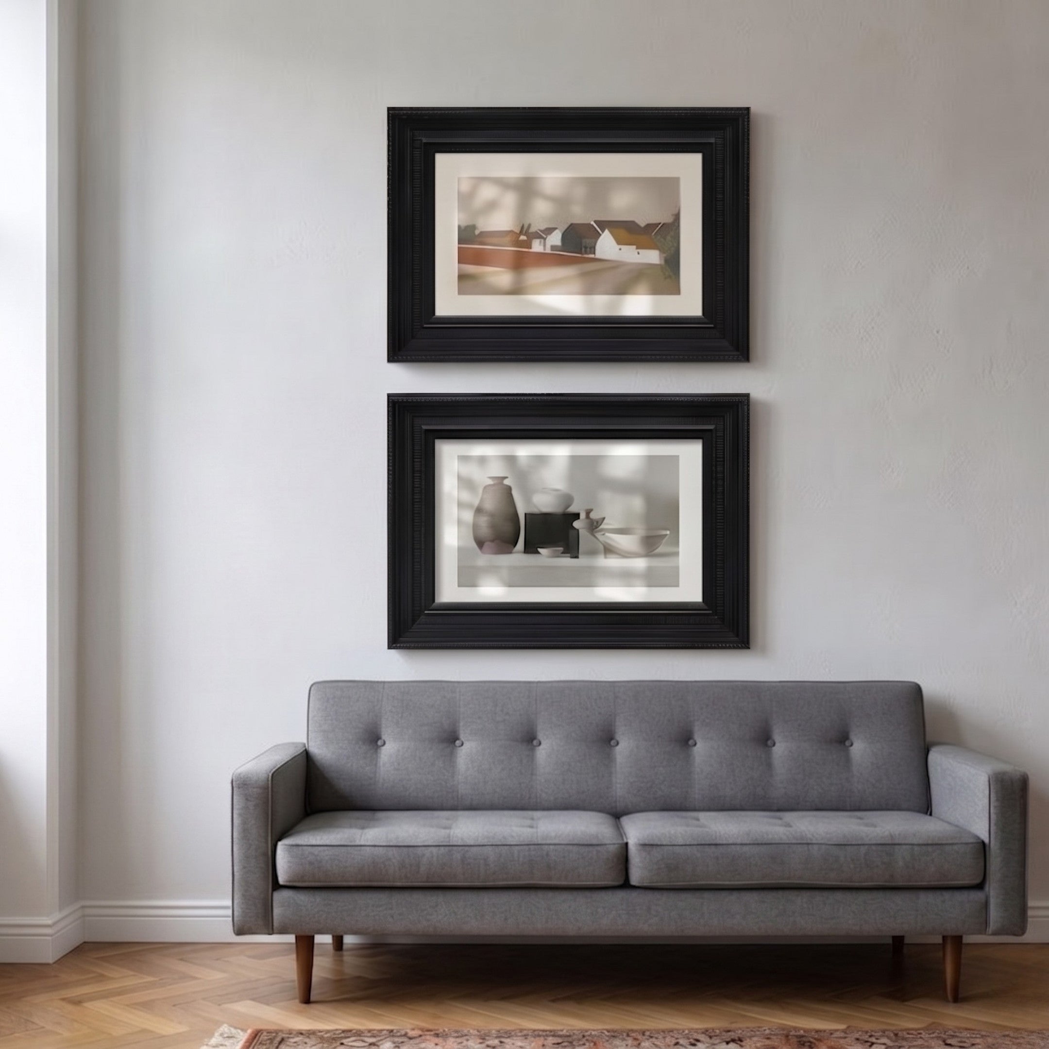 Ardensir Village & Still Life Pottery 2-Set Framed Wall Art by Giant Sculptures displayed stacked above a grey tufted sofa, featuring ornate black wood frames with earthy village scene and neutral-toned pottery arrangement.