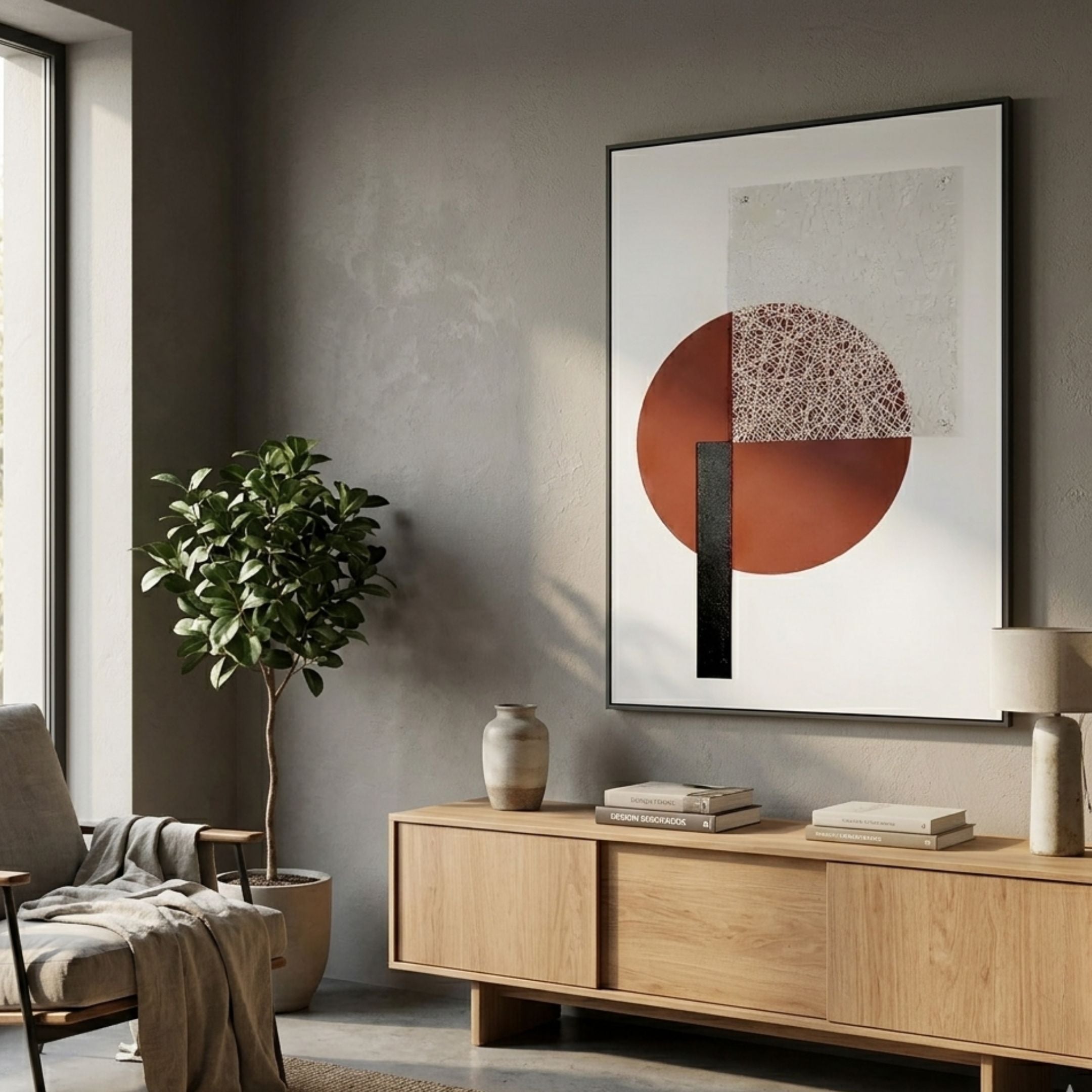 Linquetta Rose Circle Grid 3D Wall Art with rose leather disc, white grid panel and black bar, displayed above an oak sideboard in a grey living room.