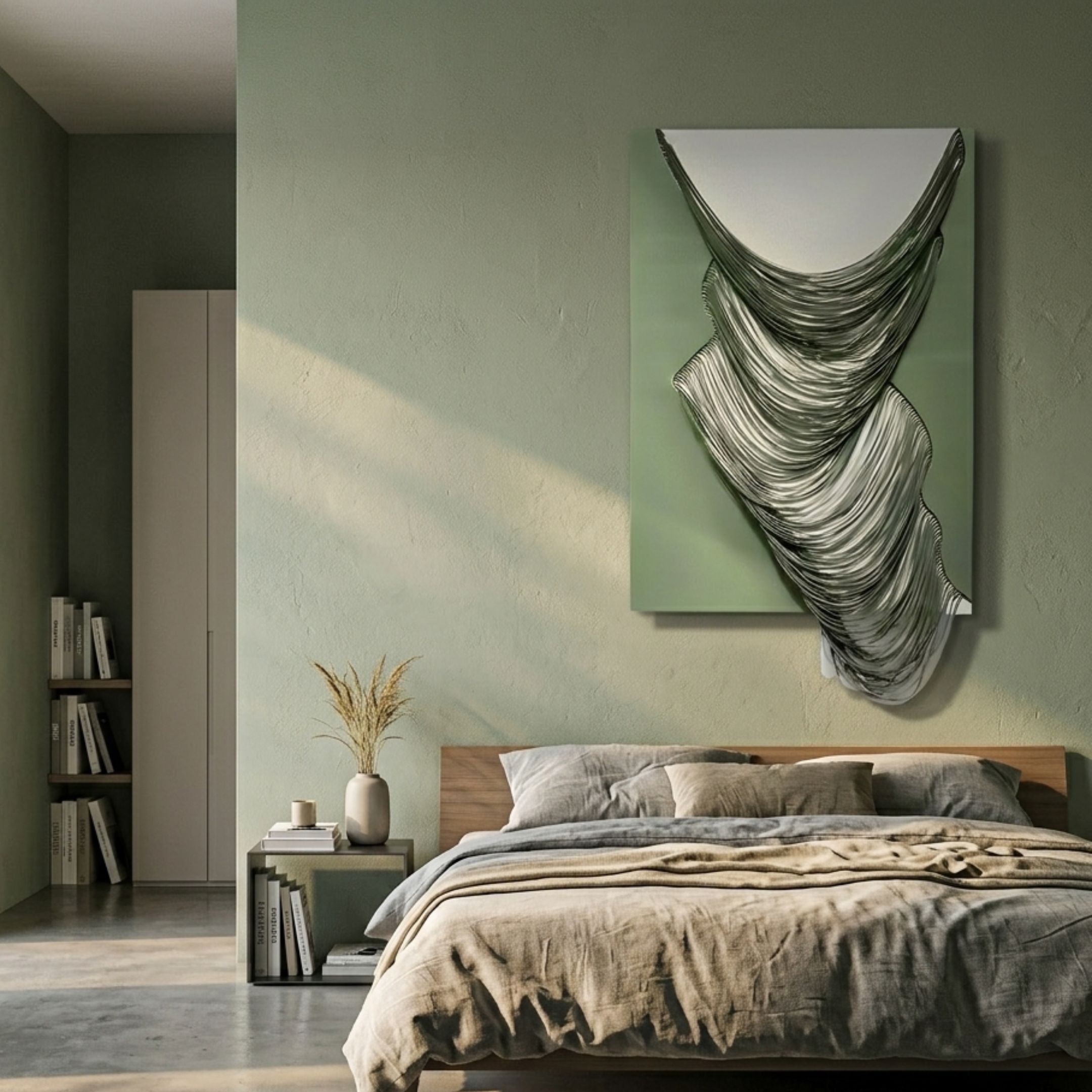 Arvinea Green Flow Sculptural Leather 3D Wall Art by Giant Sculptures with draped metallic ribbons displayed above a wooden bed in a sage green bedroom.