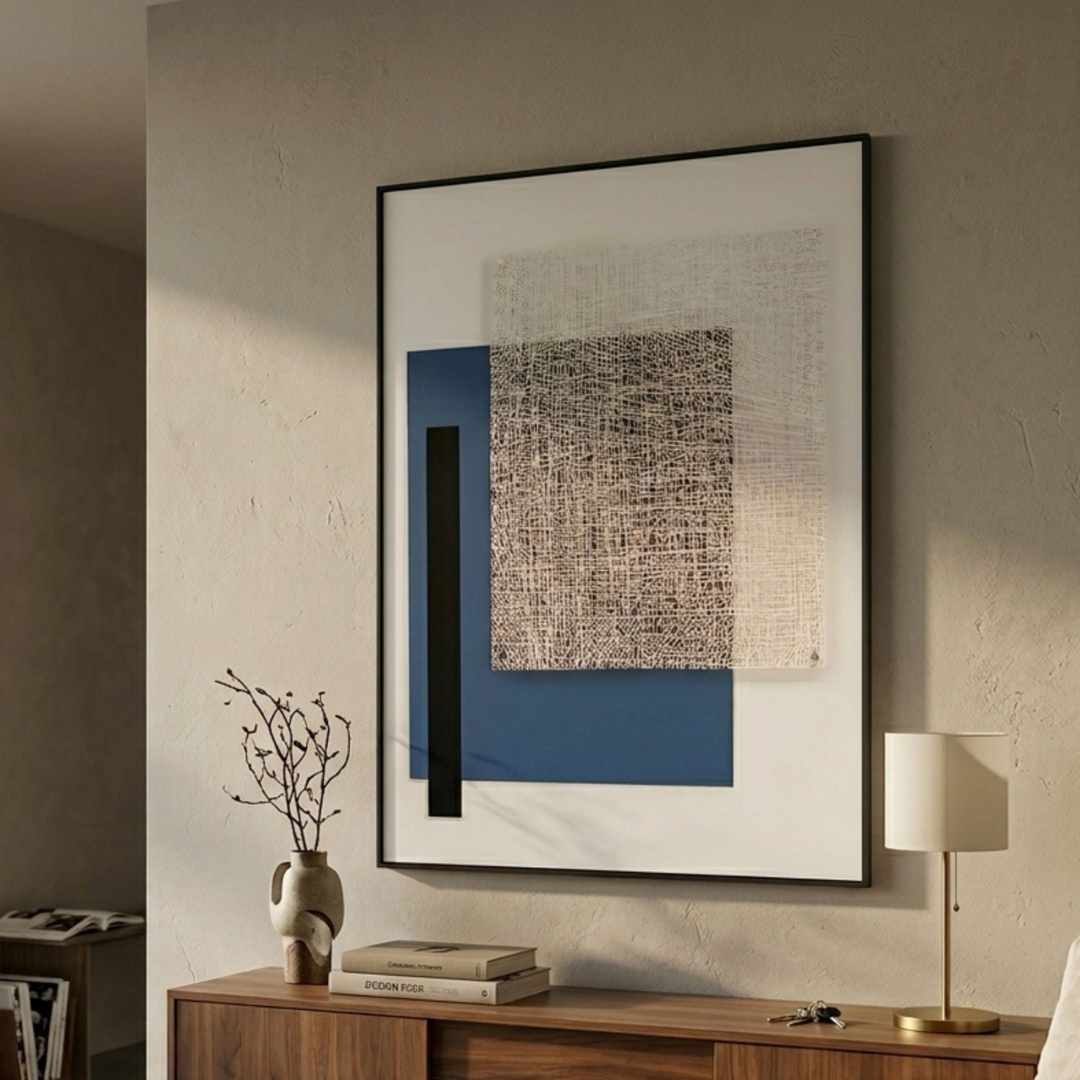 Linquetta Indigo Grid Acrylic & Leather 3D Wall Art by Giant Sculptures displayed above a walnut sideboard with vase and lamp in a warm neutral room.