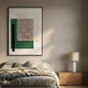 Linquetta Forest Grid Acrylic & Leather 3D Wall Art by Giant Sculptures, with green, black, and textured panels, mounted above a linen-dressed bed and oak nightstand.