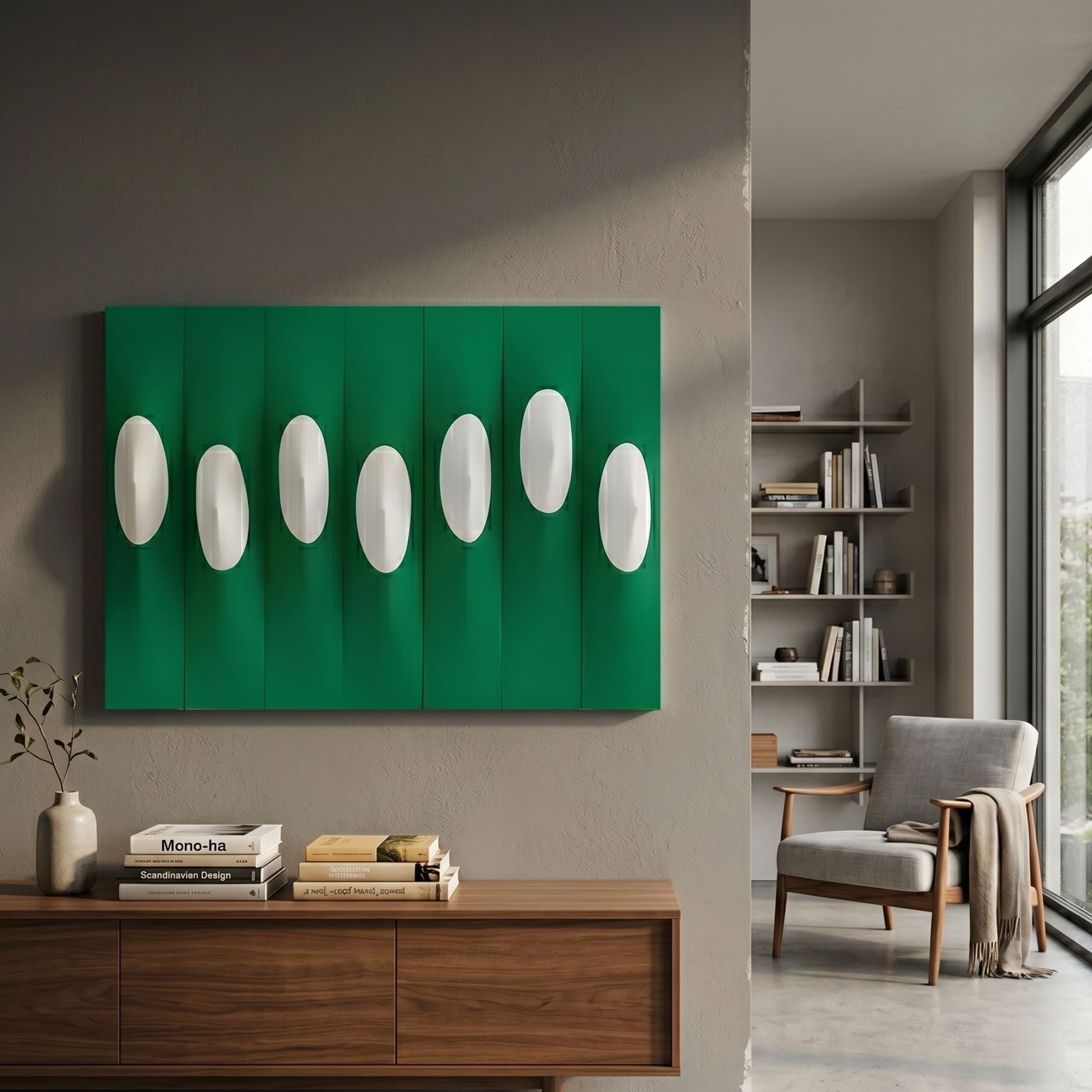 Virello Jade Green & White Disc Leather 3D Wall Art by Giant Sculptures displayed above a walnut sideboard in a modern living room with armchair and bookshelf.