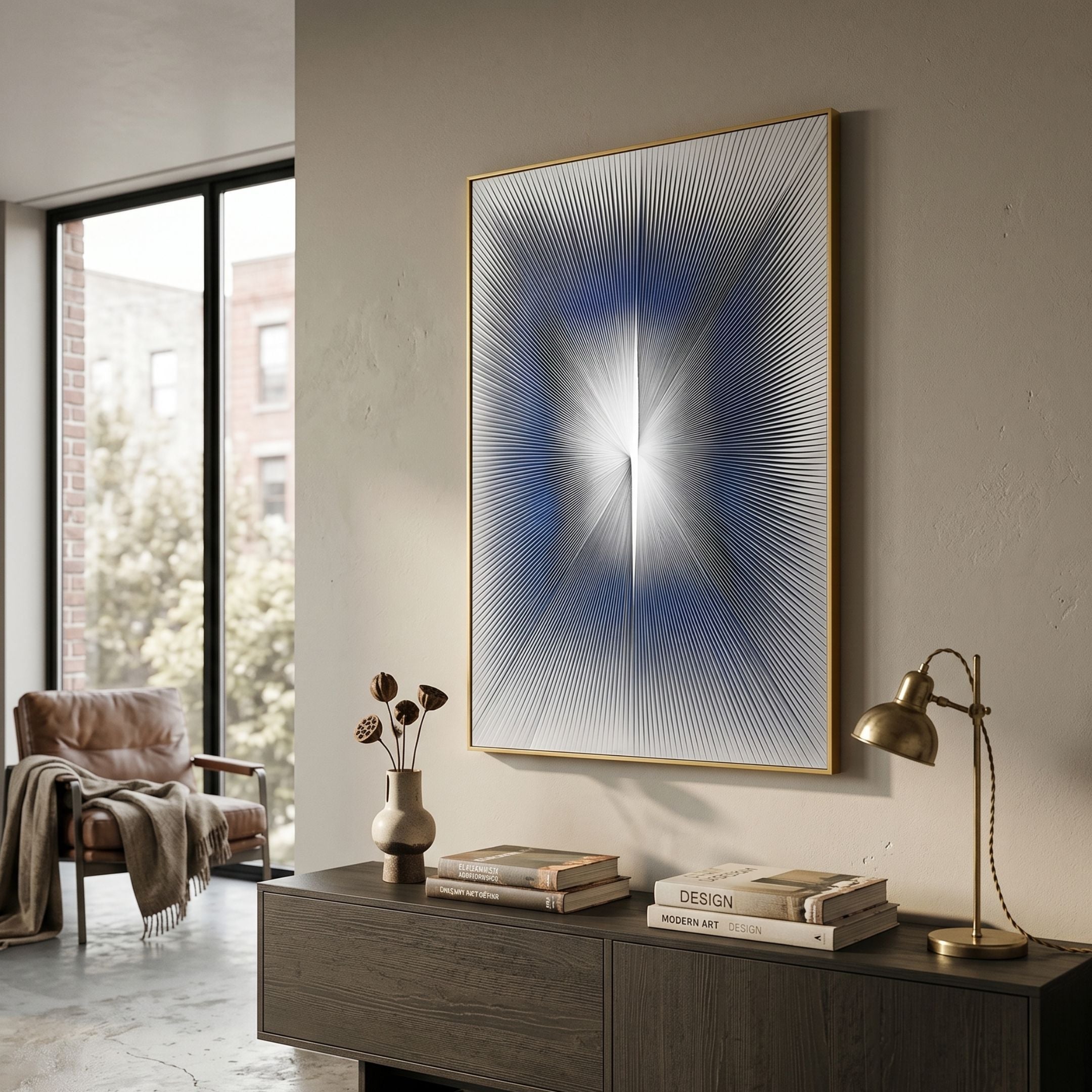 Radior Blue Burst Illusion Leather 3D Wall Art by Giant Sculptures in a gold frame, mounted above a dark sideboard with books, lamp, and leather armchair.