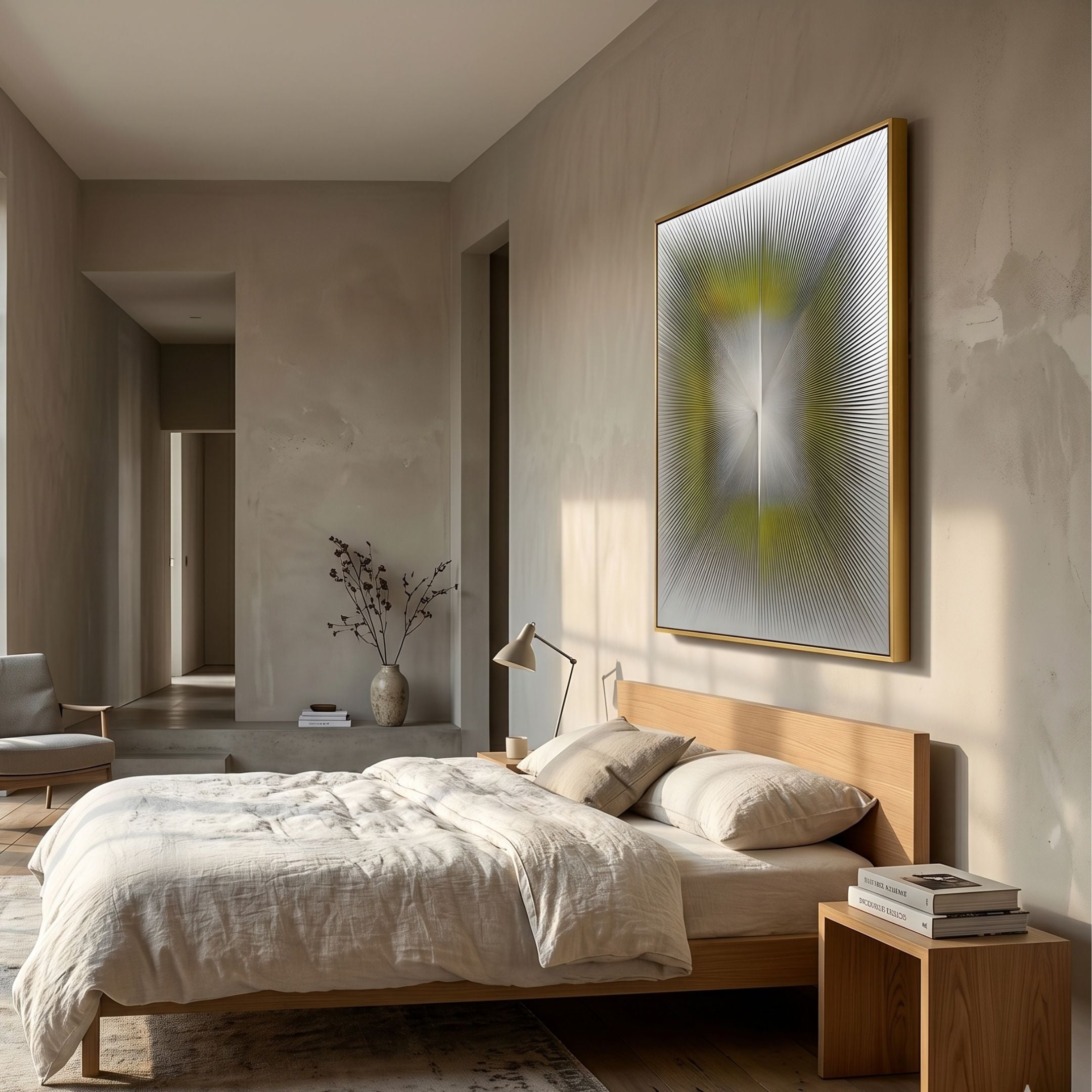 Radior Yellow Burst Illusion Leather 3D Wall Art by Giant Sculptures mounted above a wooden bed in a minimalist bedroom with beige walls and linen bedding.