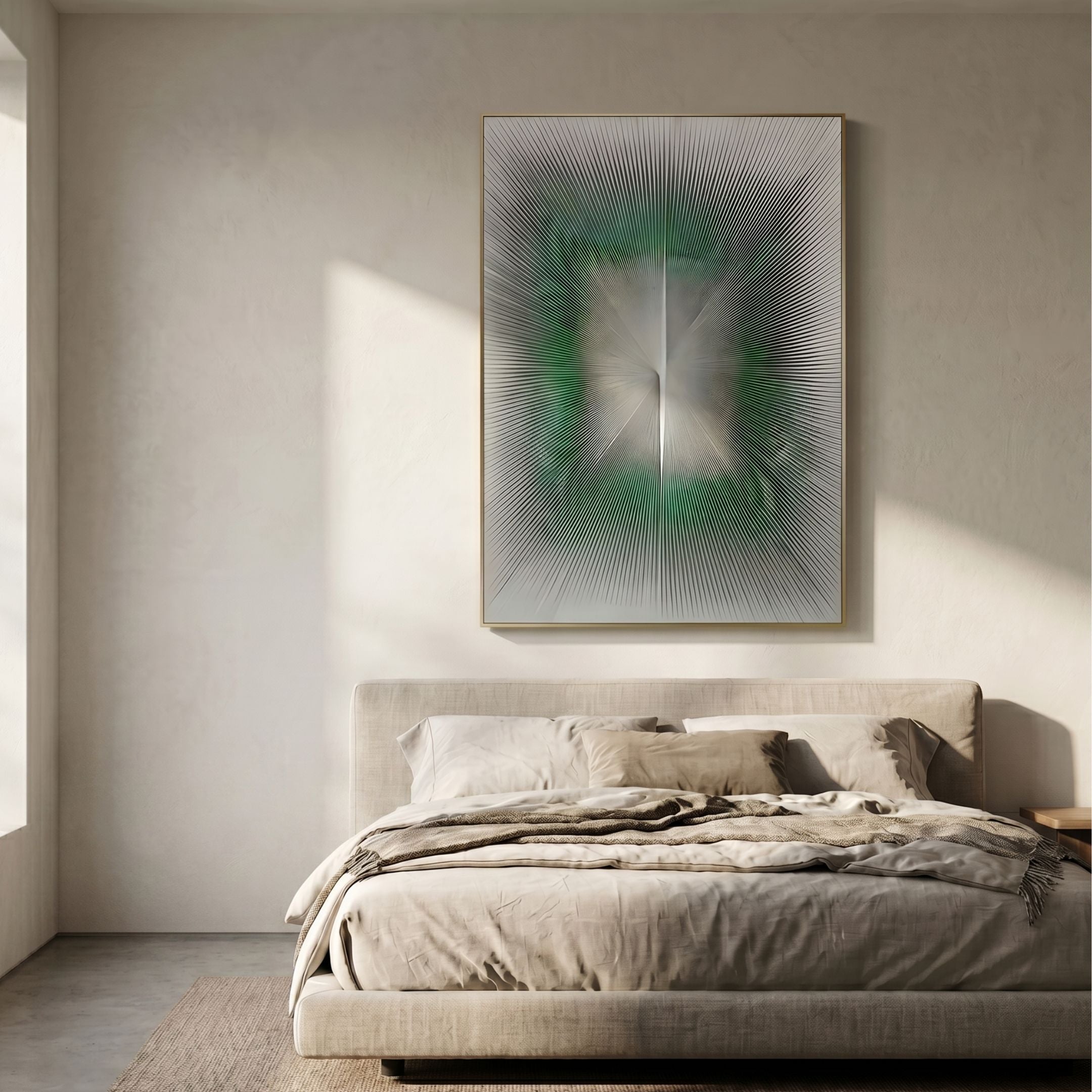 Radior Green Burst Illusion Leather 3D Wall Art by Giant Sculptures displayed above a beige upholstered bed in a sunlit minimalist bedroom with cream walls.