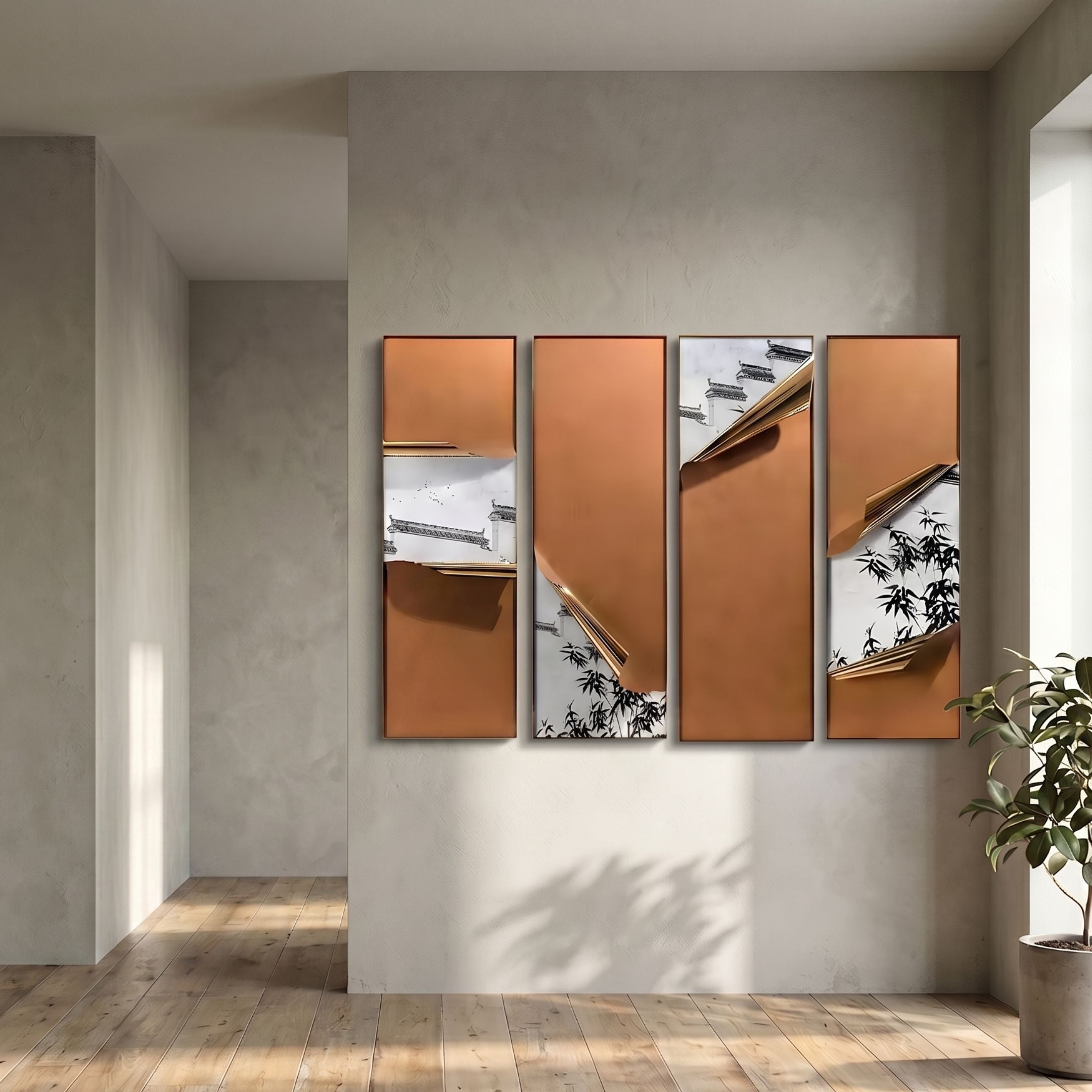 Cuvora 4-Panel Bamboo Terrace Leather 3D Wall Art by Giant Sculptures, with brown leather peeling back to reveal bamboo and pagoda rooflines, hung in a hallway.