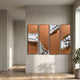 Cuvora 4-Panel Bamboo Terrace Leather 3D Wall Art by Giant Sculptures, with brown leather peeling back to reveal bamboo and pagoda rooflines, hung in a hallway.