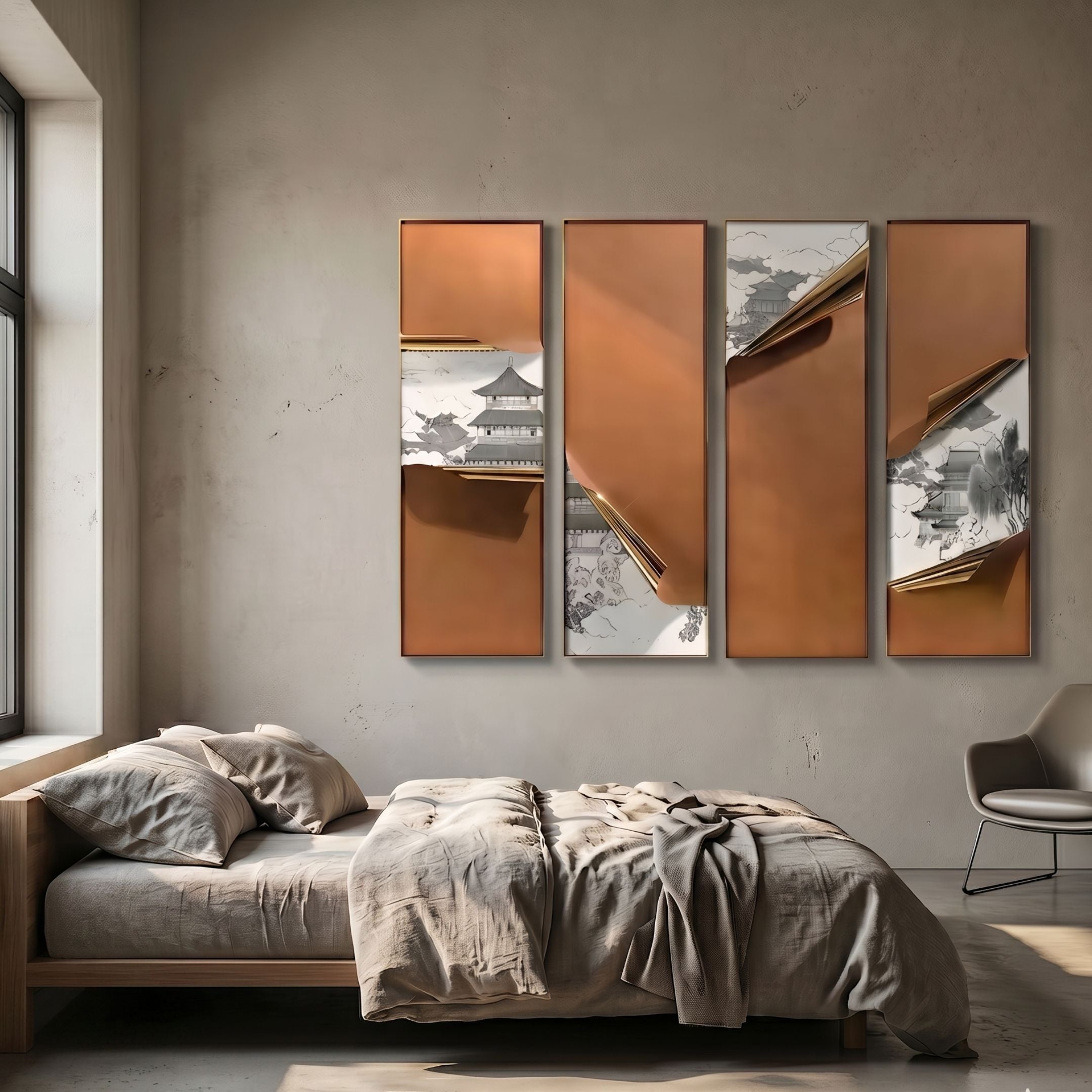 Cuvora 4-Panel Imperial Pavilion Leather 3D Wall Art by Giant Sculptures, bronze leather folds parting to reveal ink-sketched pagodas, mounted above a bed.