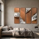 Cuvora 4-Panel Imperial Pavilion Leather 3D Wall Art by Giant Sculptures, bronze leather folds parting to reveal ink-sketched pagodas, mounted above a bed.