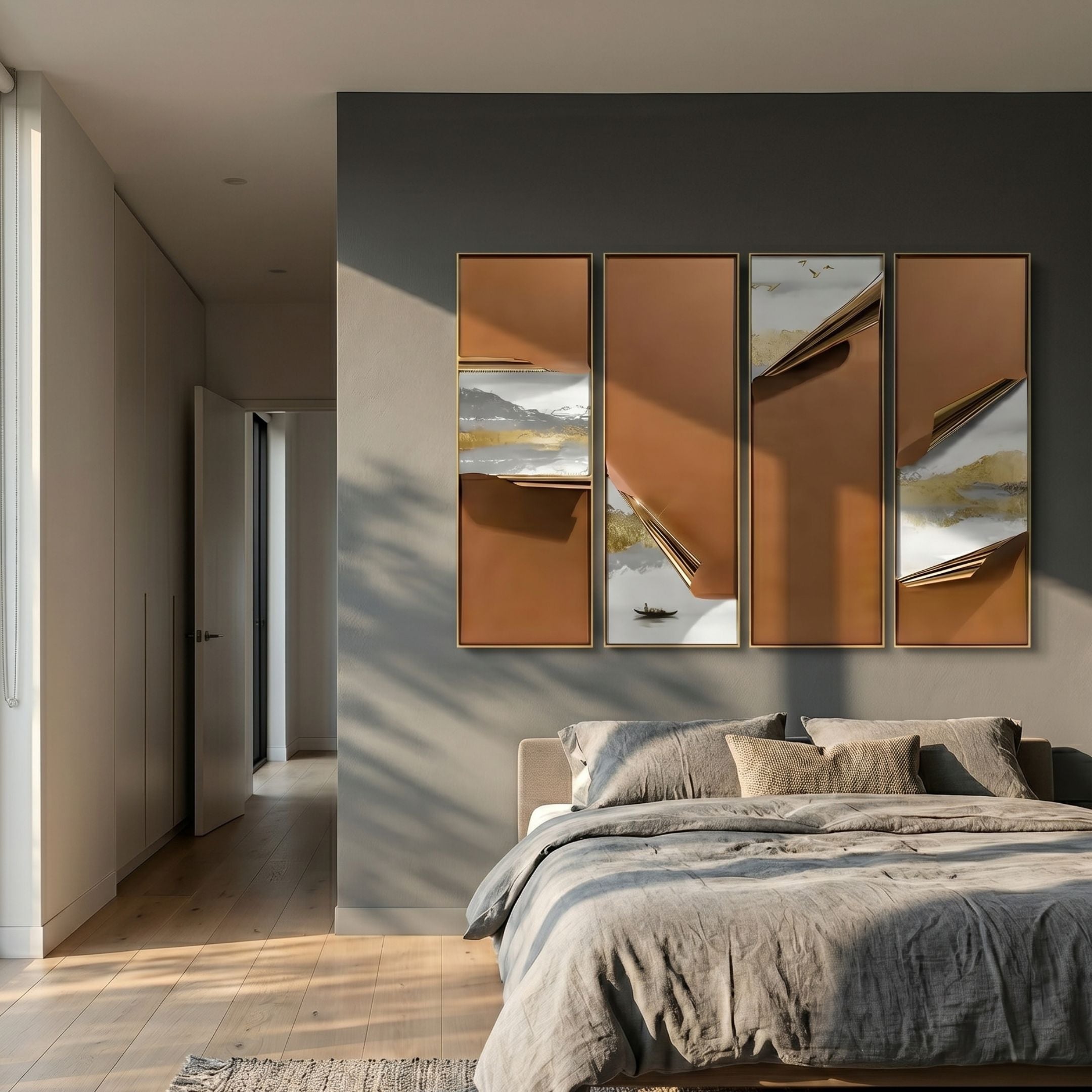 Cuvora 4-Panel Golden Hills Leather 3D Wall Art by Giant Sculptures in copper-brown with gold accents, mounted above a bed on a dark grey accent wall.