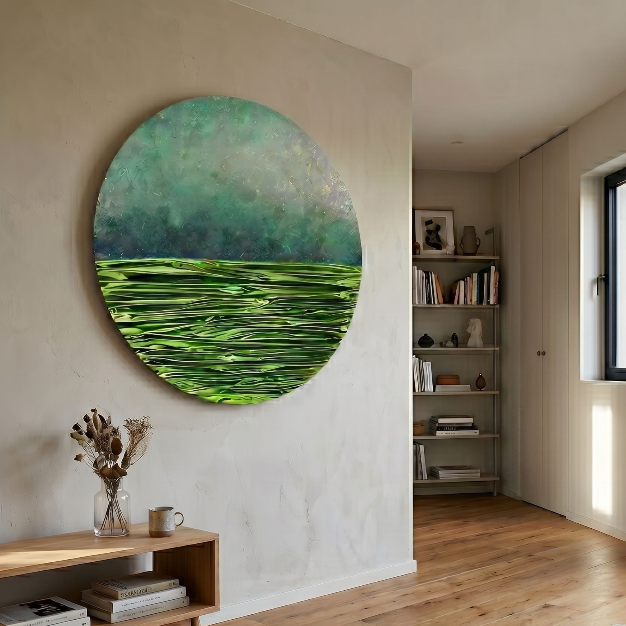 Solvair Green Textured Ripple Leather 3D Wall Art mounted in a modern living space above a wood console with dried florals, near a bookshelf alcove.
