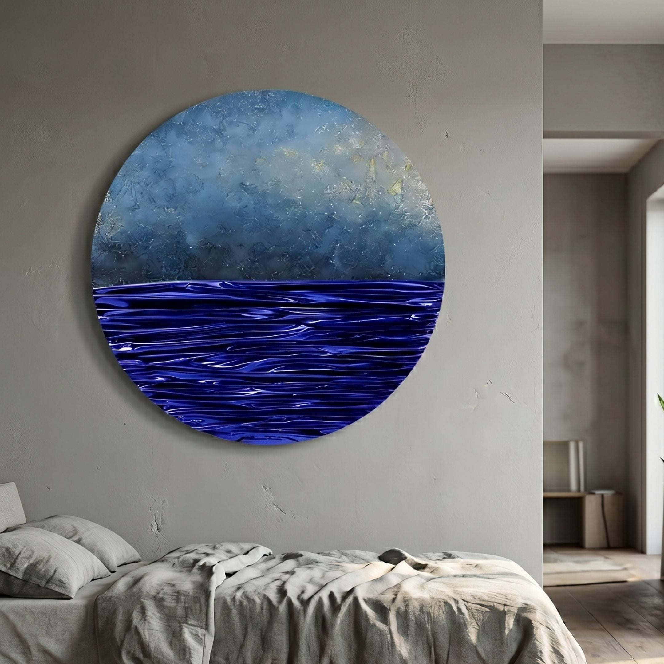 Solvair Blue Texture & Cobalt Ripple Leather 3D Wall Art by Giant Sculptures, mounted above a linen-dressed bed in a grey-walled modern bedroom.