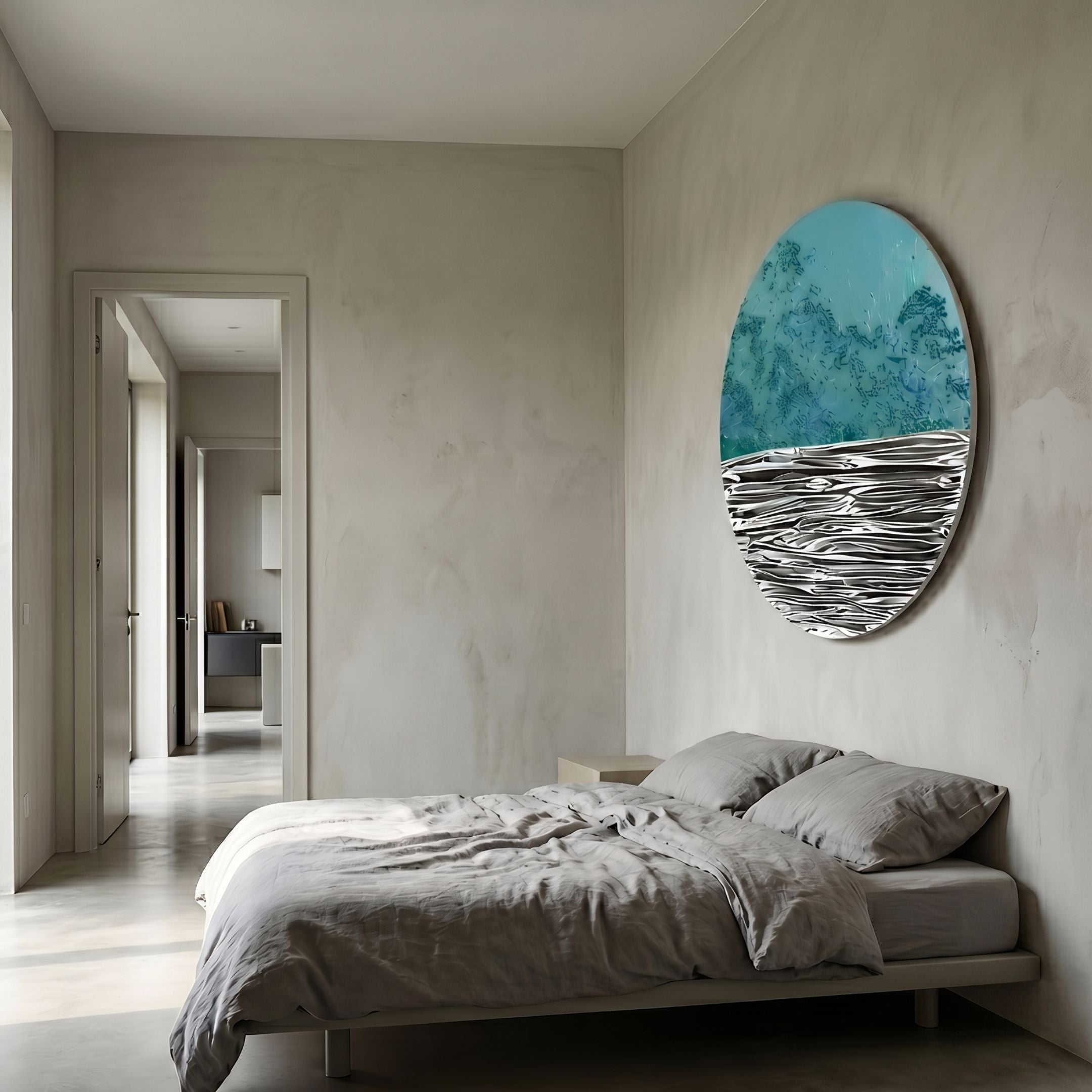 Solvair Teal Texture & Chrome Ripple Leather 3D Wall Art by Giant Sculptures, circular piece mounted above a linen-dressed bed in a minimalist bedroom.