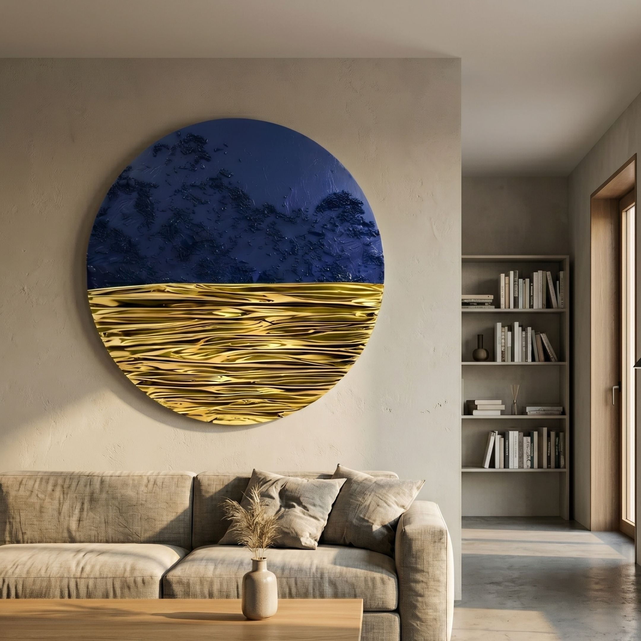 Solvair Cobalt Texture & Gold Ripple Leather 3D Wall Art by Giant Sculptures displayed above a beige sofa in a modern living room with a bookshelf nearby.