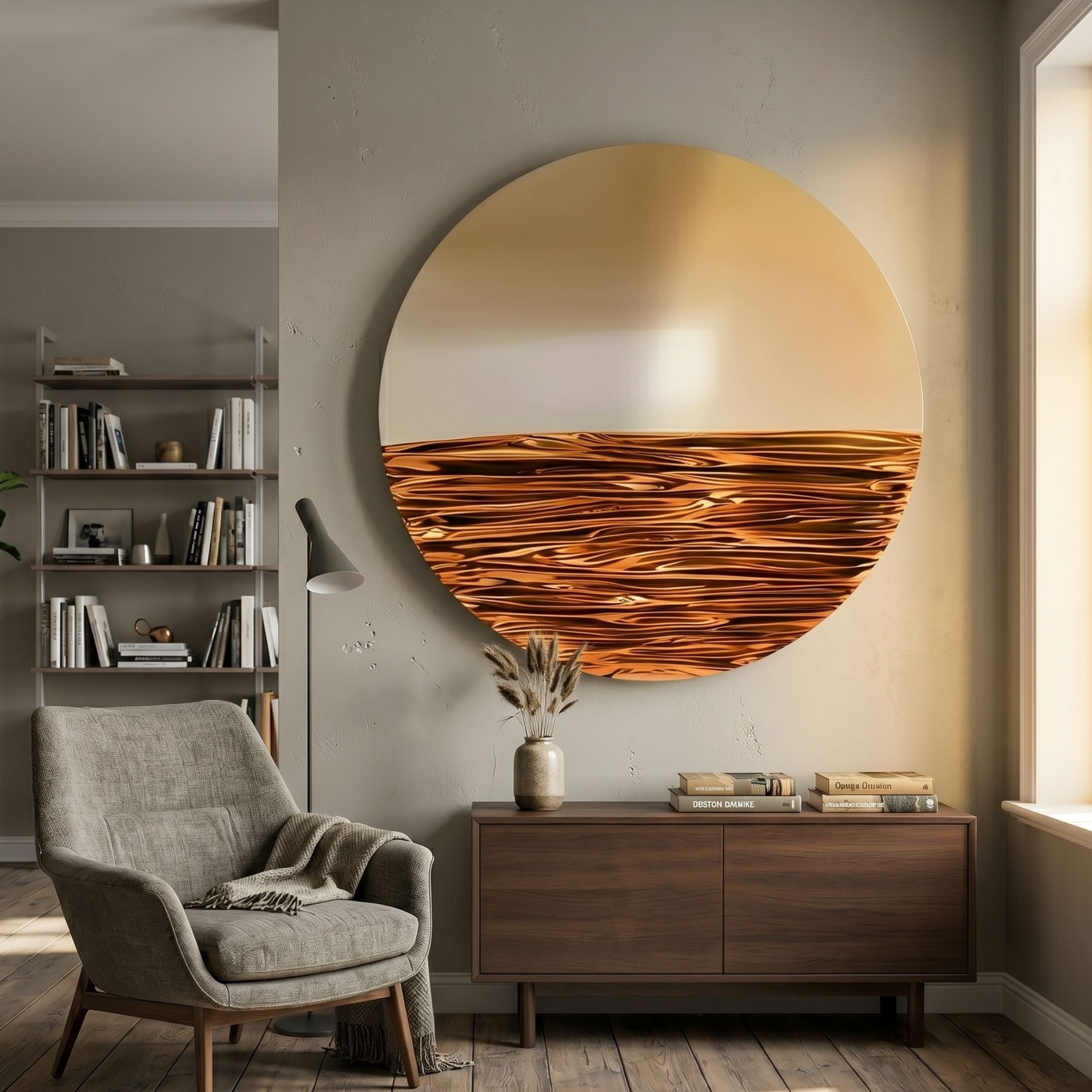 Solvair Ember & Bronze Ripple Leather 3D Wall Art mounted above a walnut sideboard, beside a grey armchair and bookshelf in a warm modern living room.