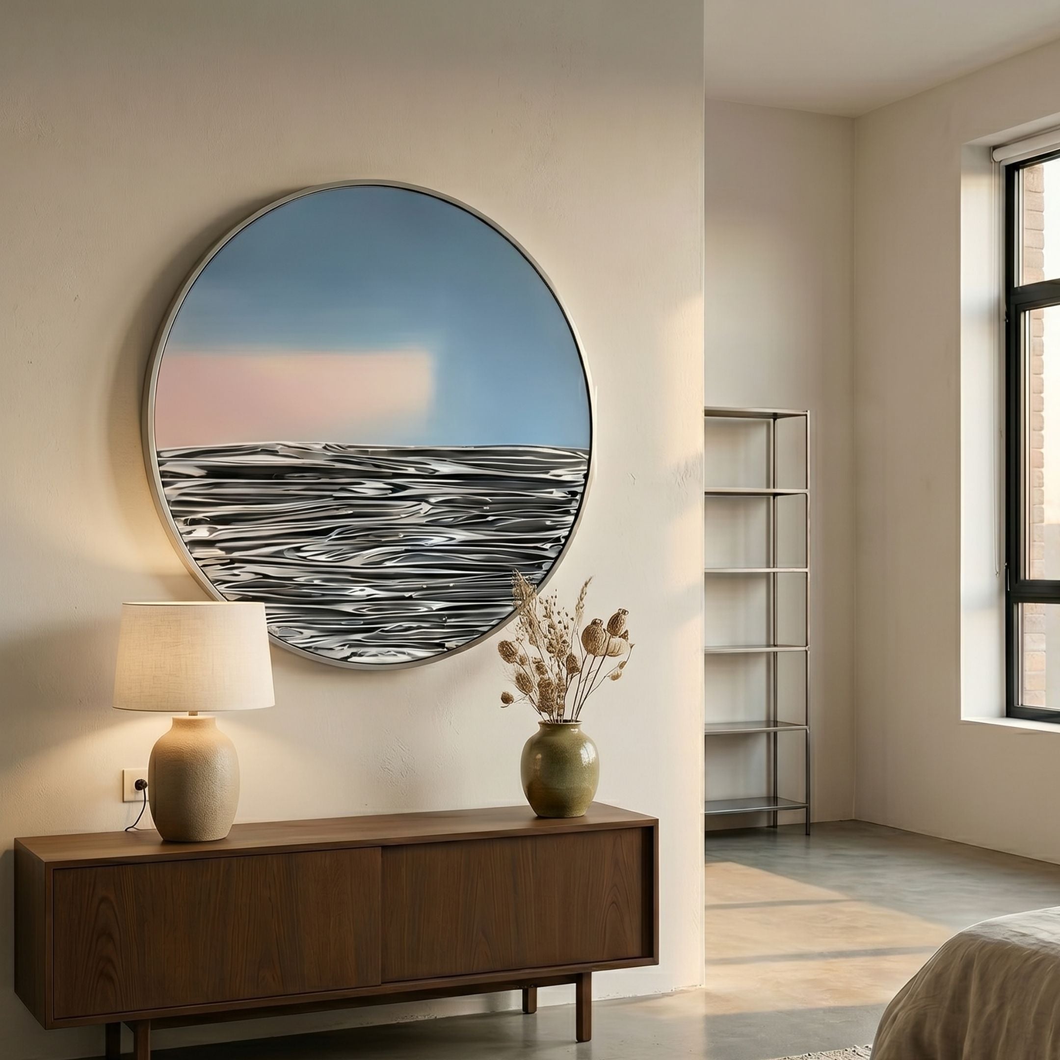 Solvair Sky & Silver Ripple Leather 3D Wall Art mounted above a walnut sideboard with lamp and dried stems, showing blue-blush sky over silver leather ripples.