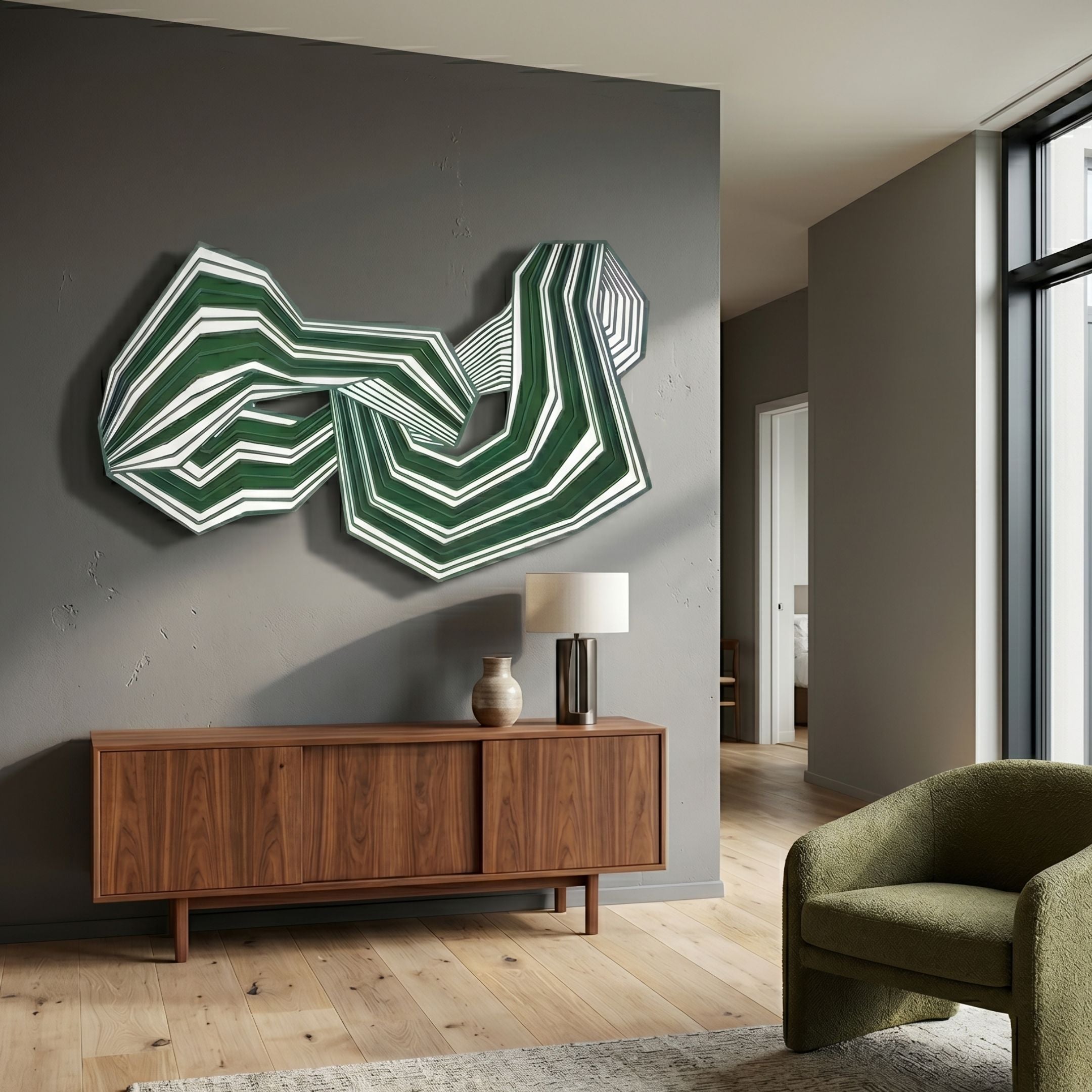 Riborra Green Layered Wood Carving 3D Wall Art by Giant Sculptures, mounted above a walnut sideboard with lamp in a modern living room with green armchair.