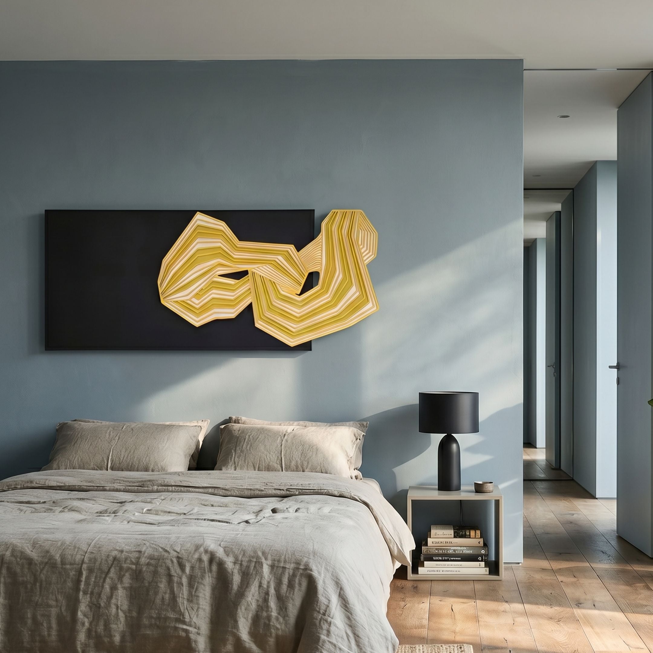 Riborra Black & Yellow Layered Wood Carving 3D Wall Art mounted above a linen-dressed bed with black lamp in a blue-walled modern bedroom.