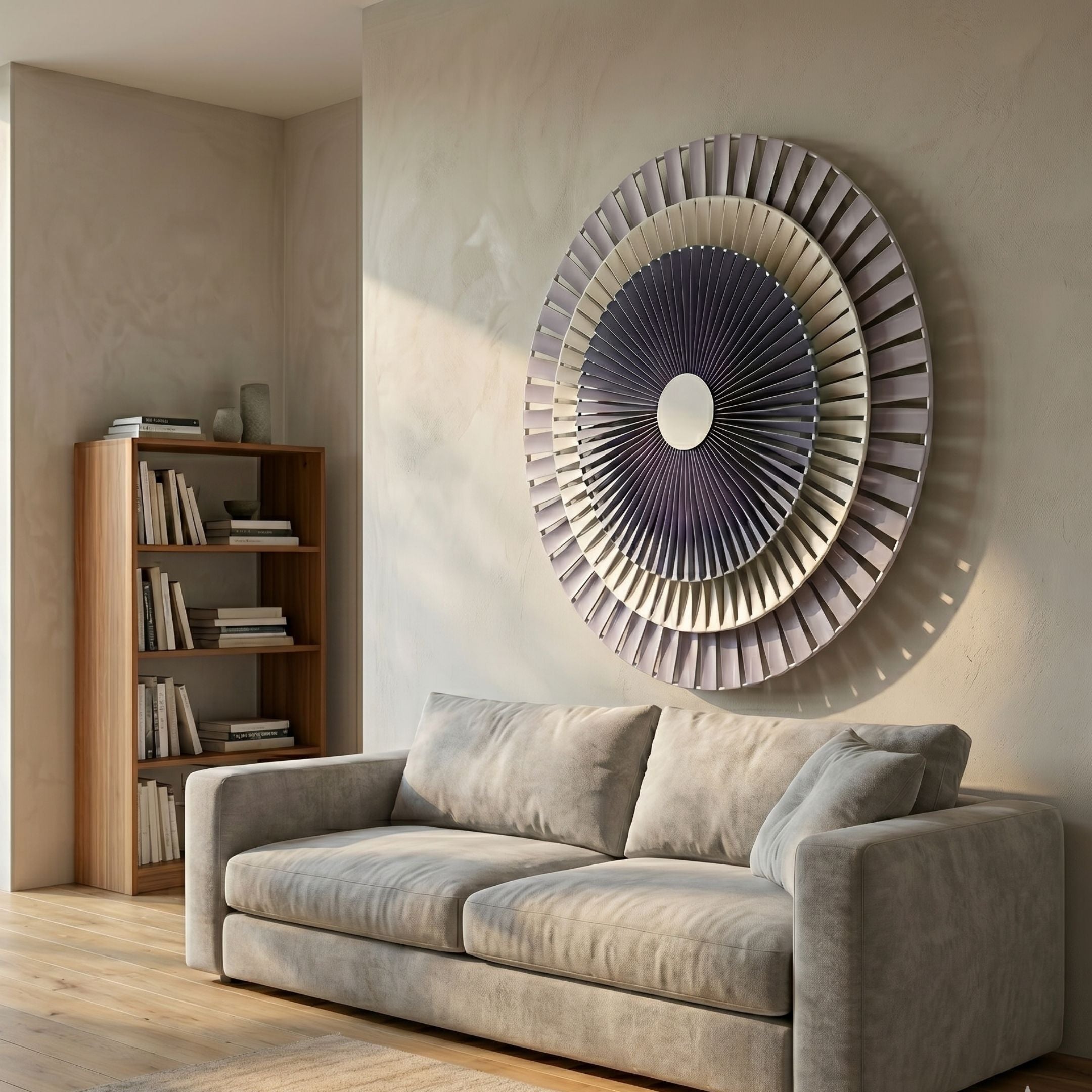 Radiora Blue & White Leather Circular 3D Wall Art by Giant Sculptures, mounted above a grey sofa beside a wooden bookshelf in a neutral living room.