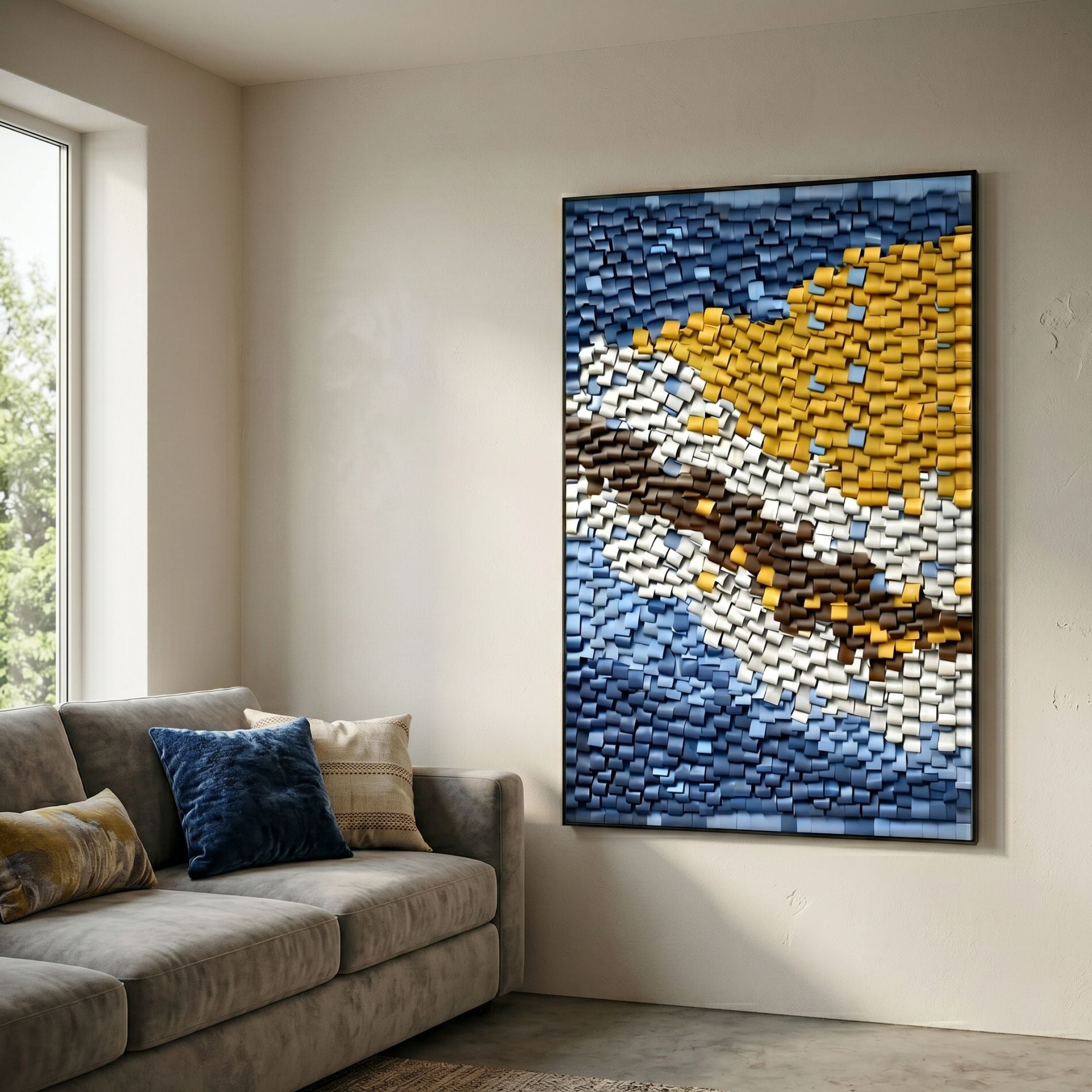 Tilora II Abstract Folded Leather 3D Wall Art by Giant Sculptures in blue, yellow, white and brown, framed in black above a grey sofa with cushions.
