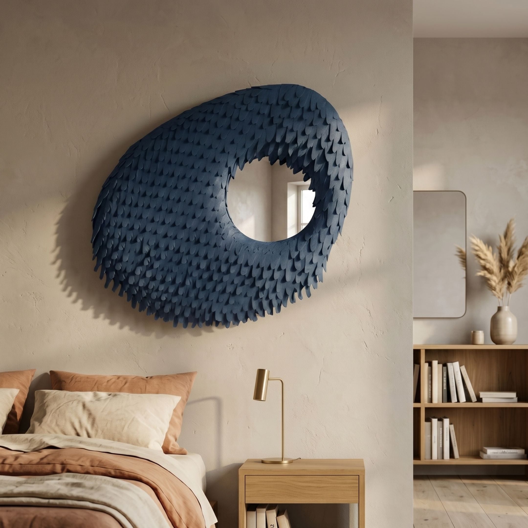 Aurec Blue Textured Leather & Mirror 3D Wall Art by Giant Sculptures mounted above a bed with terracotta linens, brass lamp, and wooden nightstand.