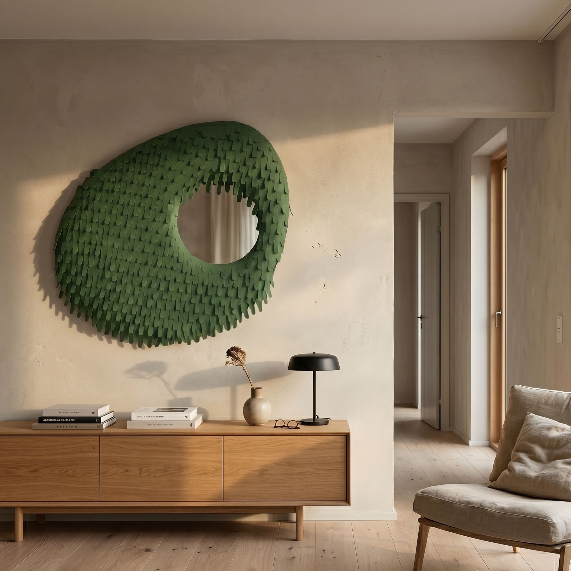 Aurec Green Textured Leather & Mirror 3D Wall Art by Giant Sculptures, displayed above a wooden sideboard with lamp and books in a neutral living room.