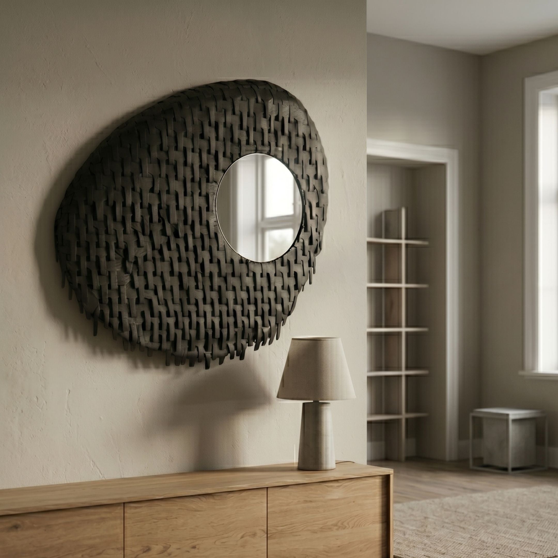 Aurec Black Textured Leather & Mirror 3D Wall Art by Giant Sculptures, an organic asymmetric form with woven leather cutouts and a circular mirror, above an oak sideboard.