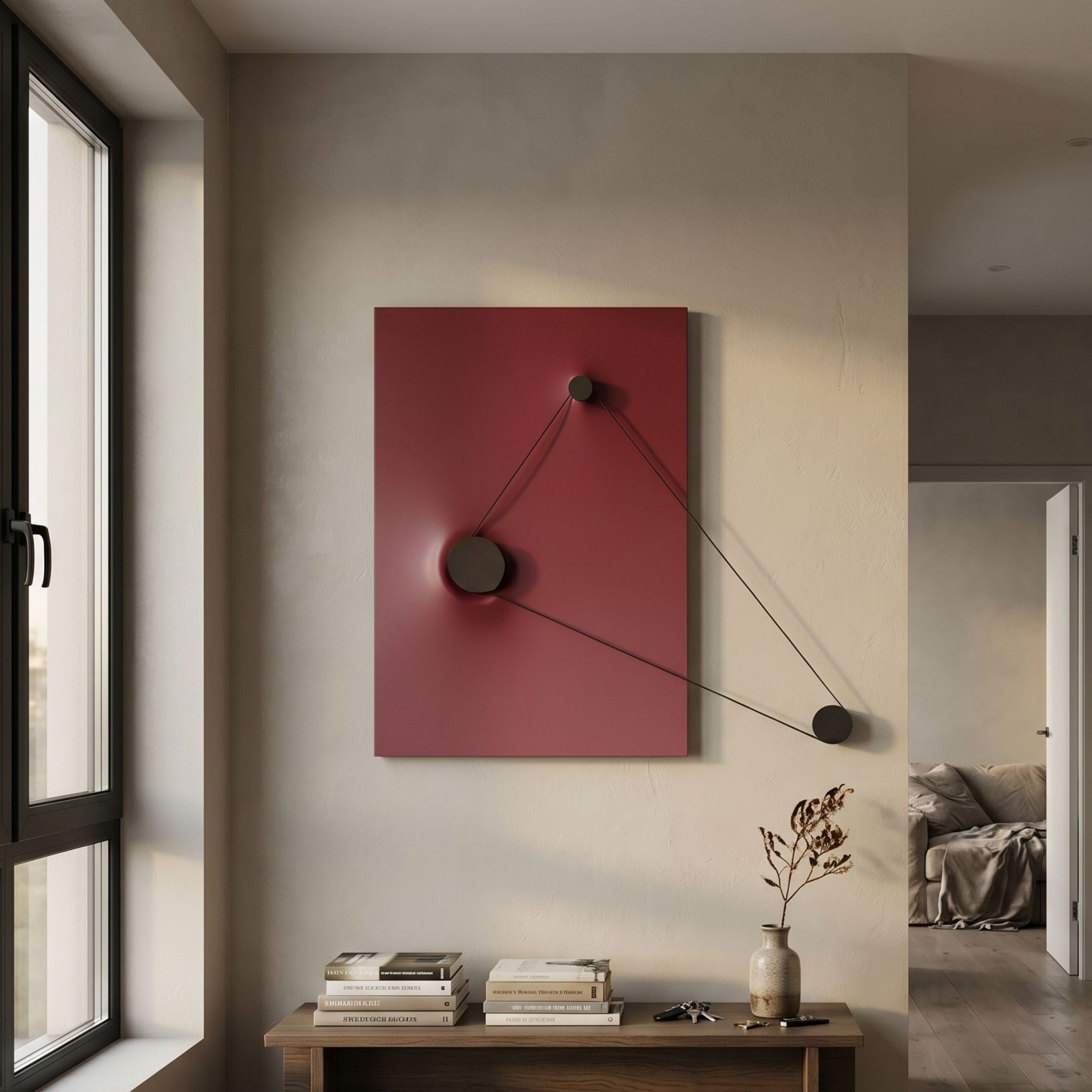 Linavox Red Geometric Leather 3D Wall Art by Giant Sculptures displayed in a neutral hallway above a wooden console with books and a vase.