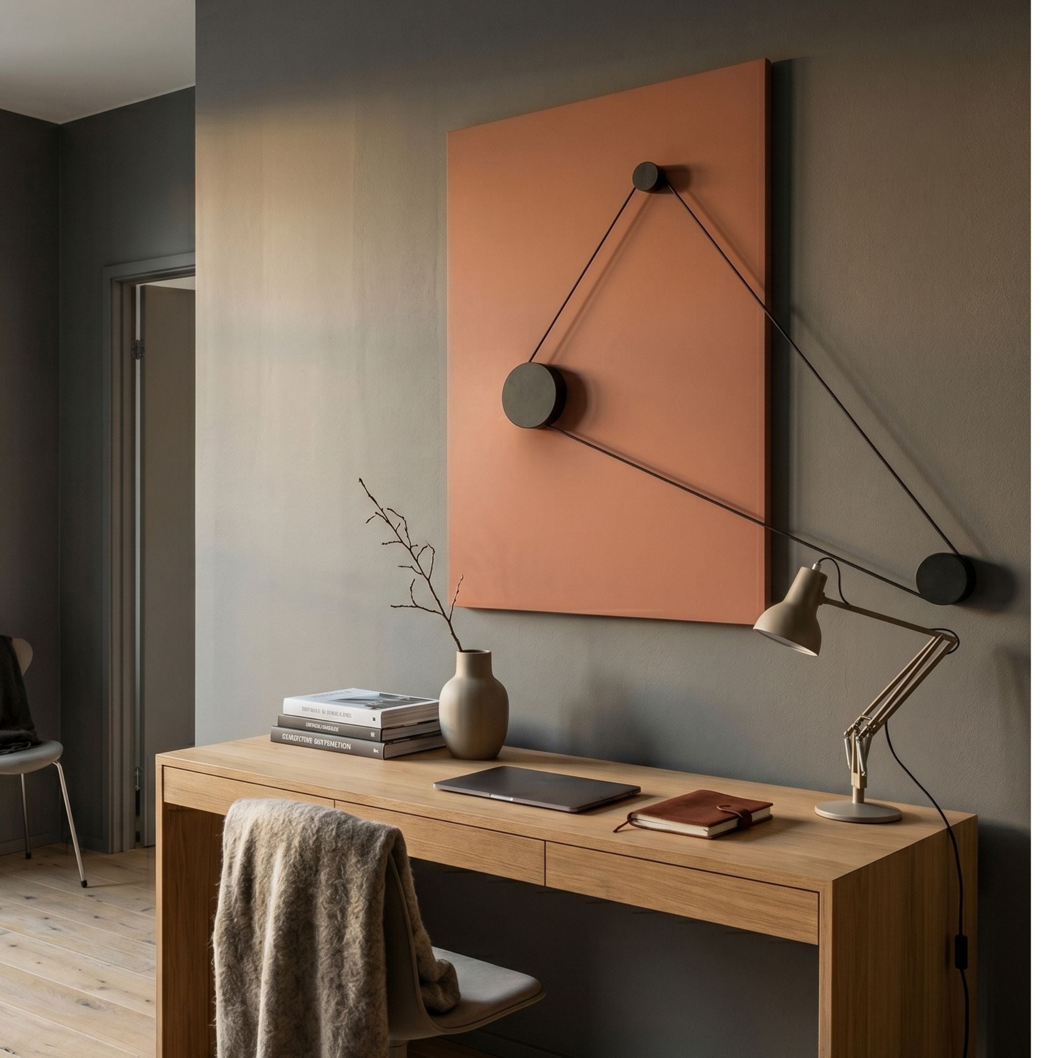 Linavox Brown Geometric Leather 3D Wall Art by Giant Sculptures mounted above a wooden desk with a task lamp, vase, and books in a modern home office.