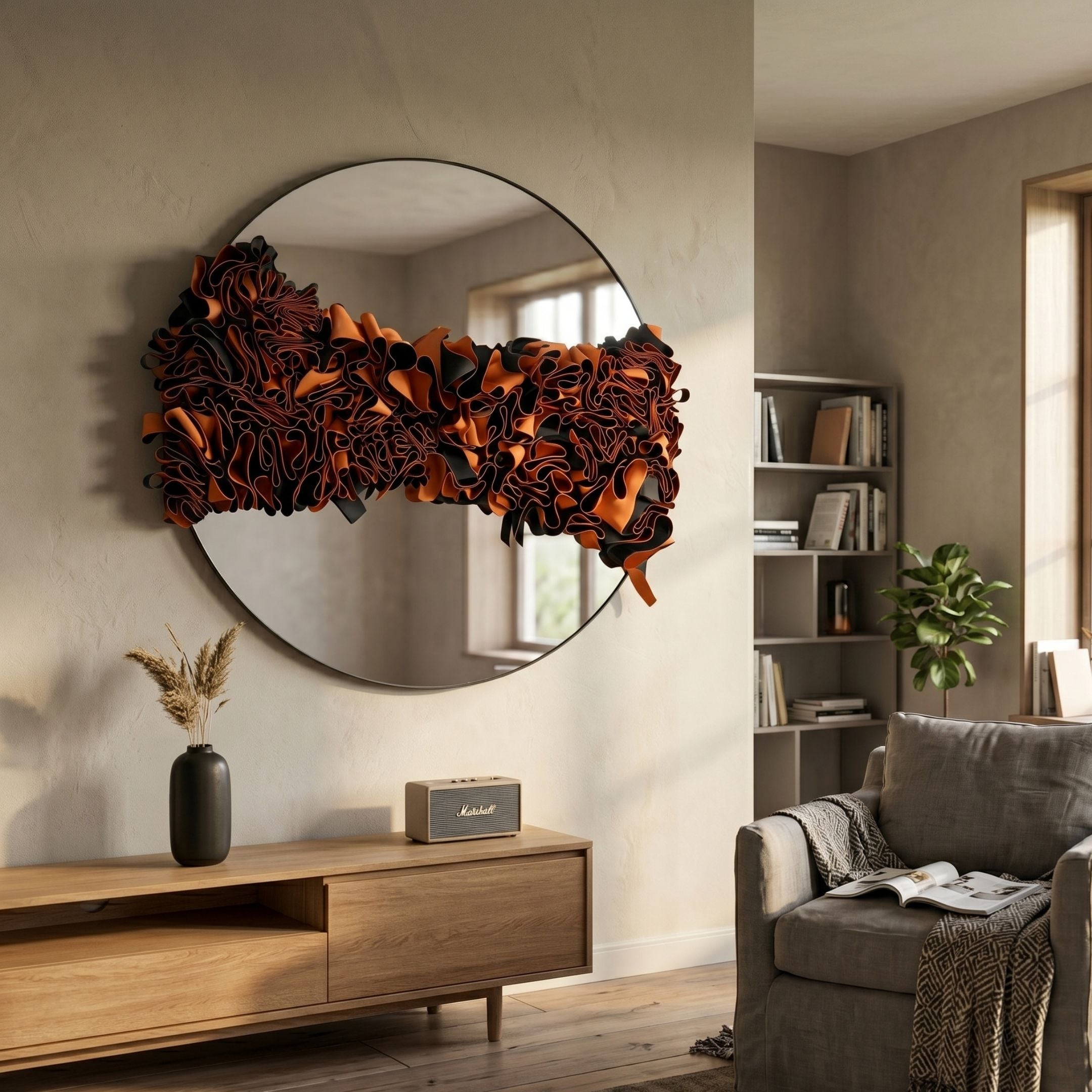 Stravelle Amber & Black Fold Leather Mirror 3D Wall Art by Giant Sculptures mounted above a wooden console in a warm living room with armchair and bookshelf.