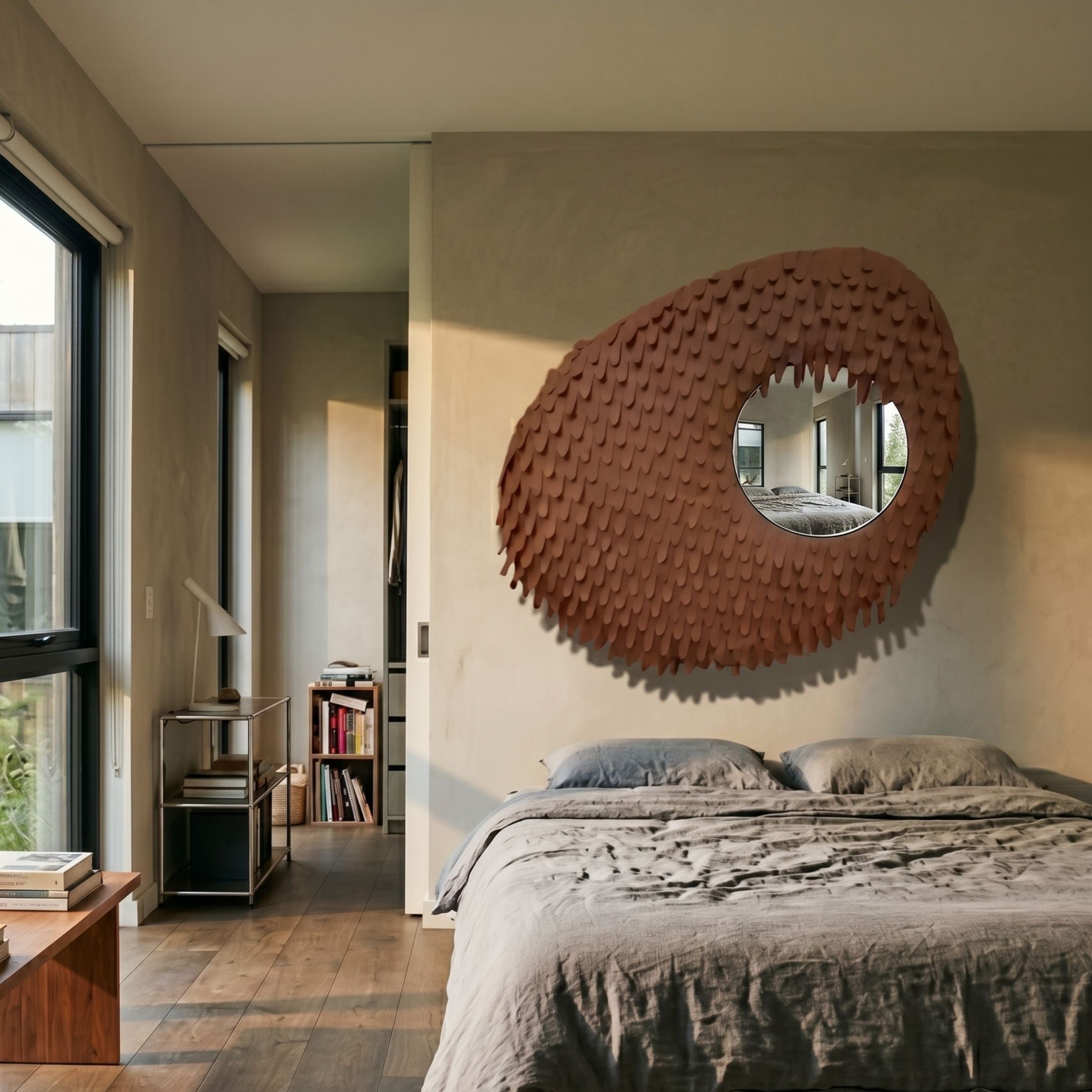 Aurec Brown Textured Leather & Mirror 3D Wall Art by Giant Sculptures, an organic bean-shaped piece with layered leather scales, mounted above a bed.