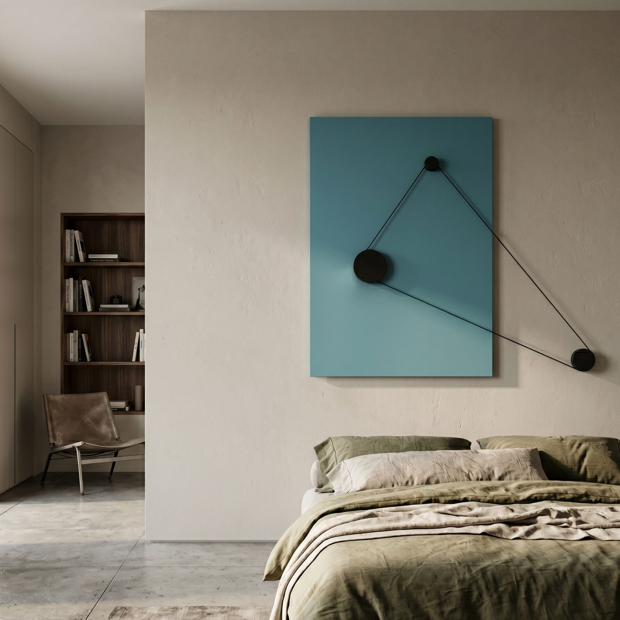 Linavox Blue Geometric Leather 3D Wall Art by Giant Sculptures mounted above a green linen bed, with black discs and taut cords forming a triangle.