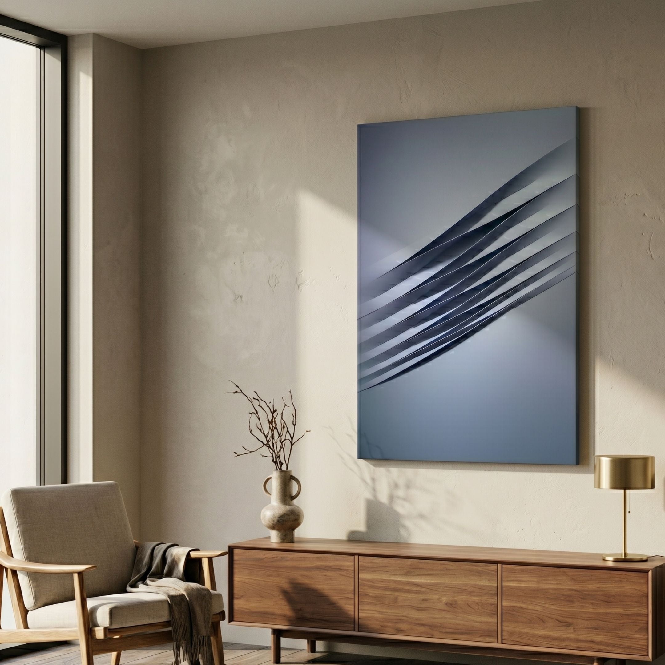 Vallion Blue Wave Folded Leather 3D Wall Art by Giant Sculptures mounted above a walnut sideboard with a vase and brass lamp in a sunlit living room.