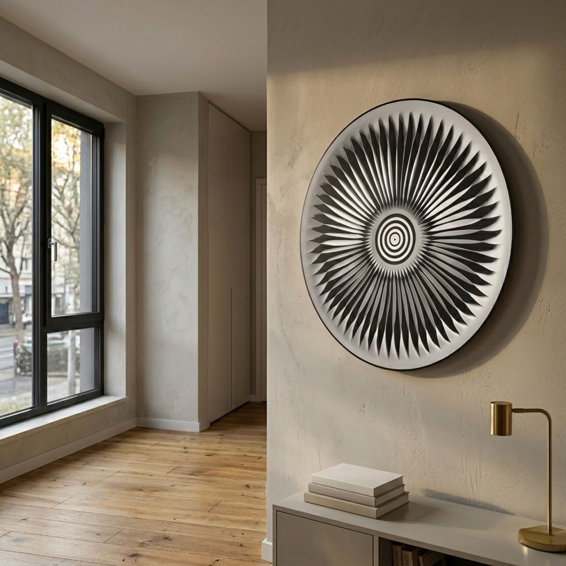 Centriva Cream II Folded Leather Round 3D Wall Art by Giant Sculptures mounted on a beige wall above a console with brass lamp in a sunlit hallway.