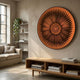 Centriva Orange I Folded Leather Round 3D Wall Art by Giant Sculptures mounted above a wooden console in a neutral living room with linen sofa.