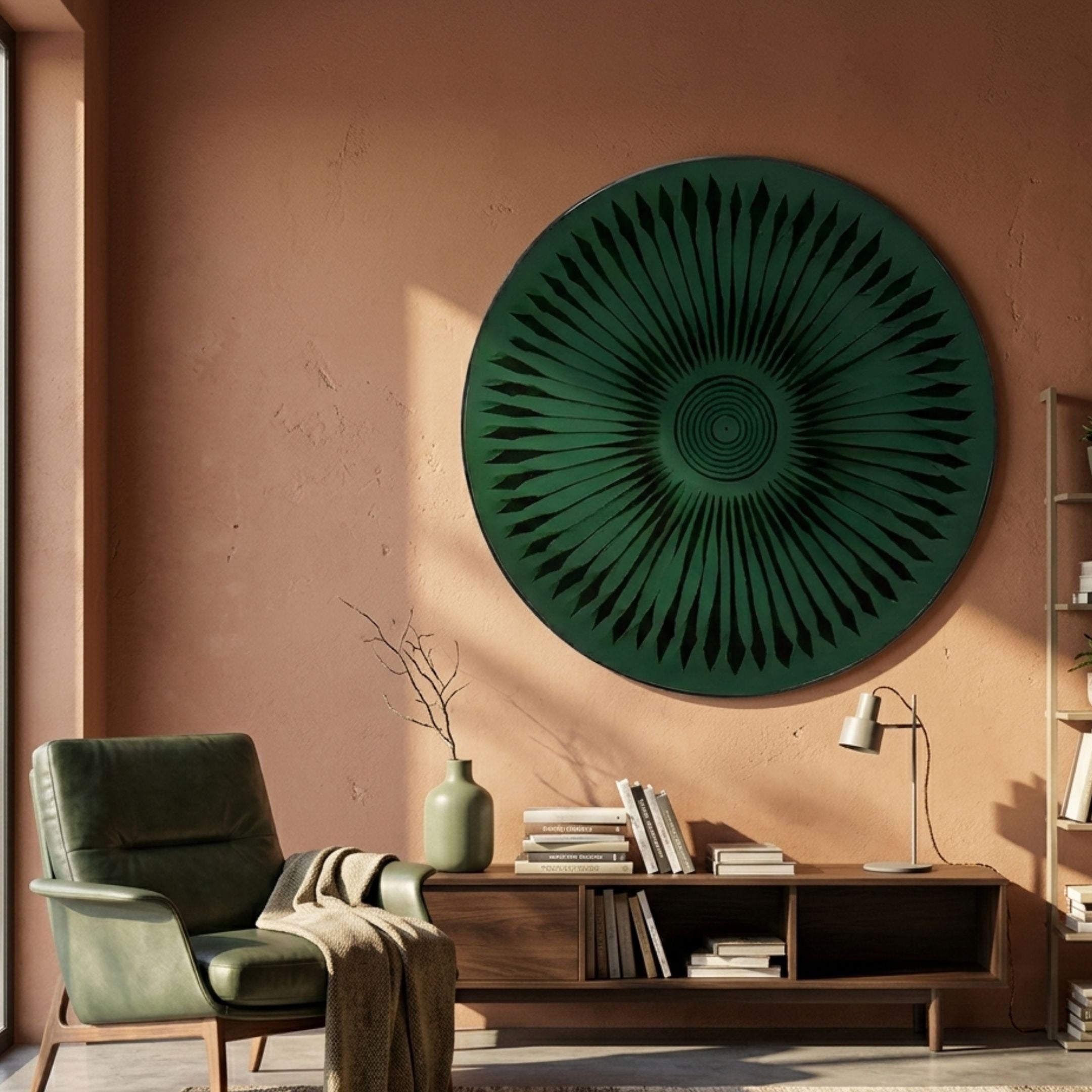 Centriva Green I Folded Leather Round 3D Wall Art by Giant Sculptures mounted on a terracotta wall above a walnut sideboard and green leather armchair.