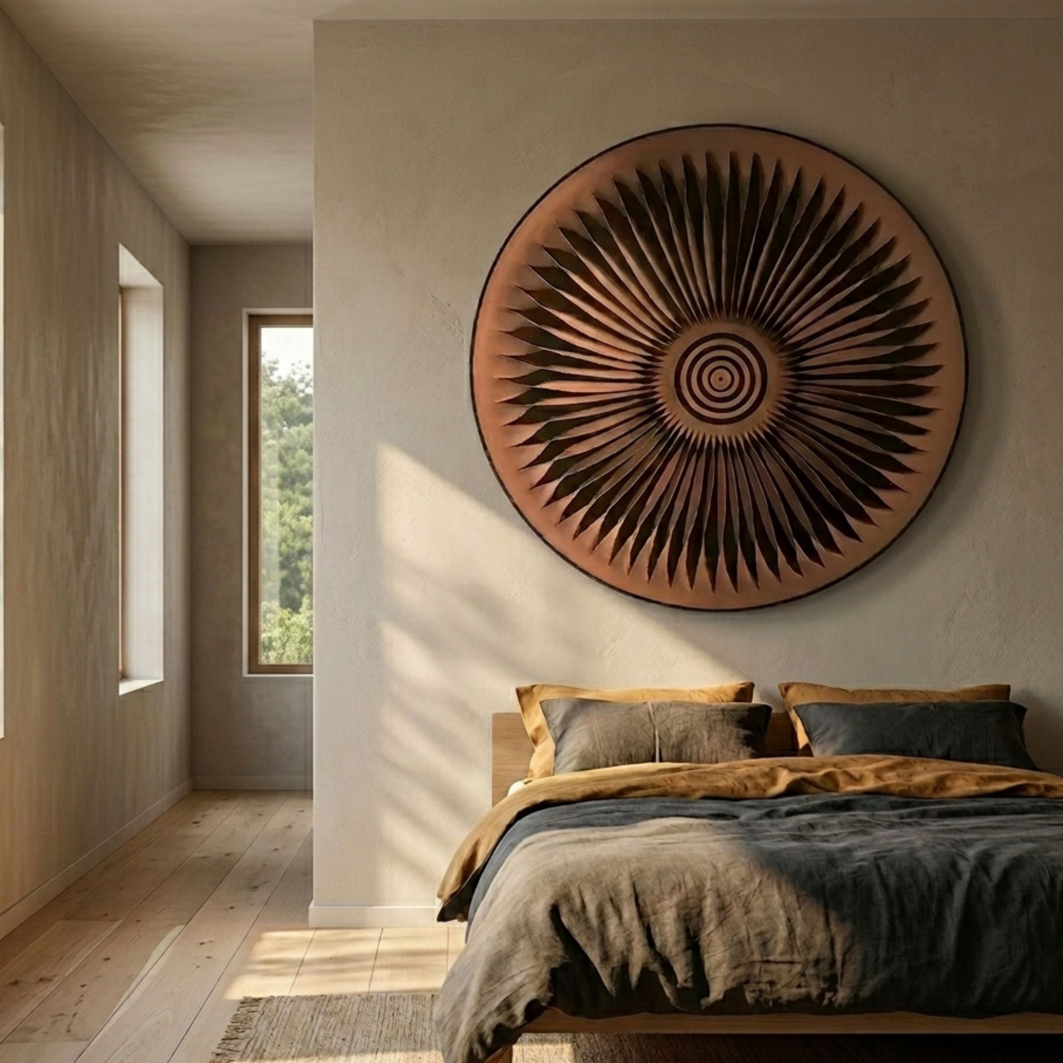 Centriva Brown II Folded Leather Round 3D Wall Art by Giant Sculptures mounted above a bed with grey and mustard linens in a sunlit minimalist bedroom.
