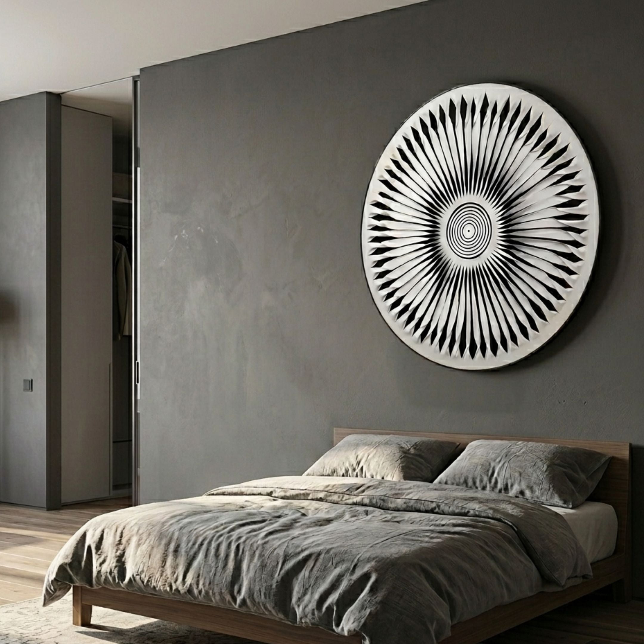 Centriva Cream I Folded Leather Round 3D Wall Art by Giant Sculptures mounted above a wooden bed with grey linen in a modern concrete-walled bedroom.