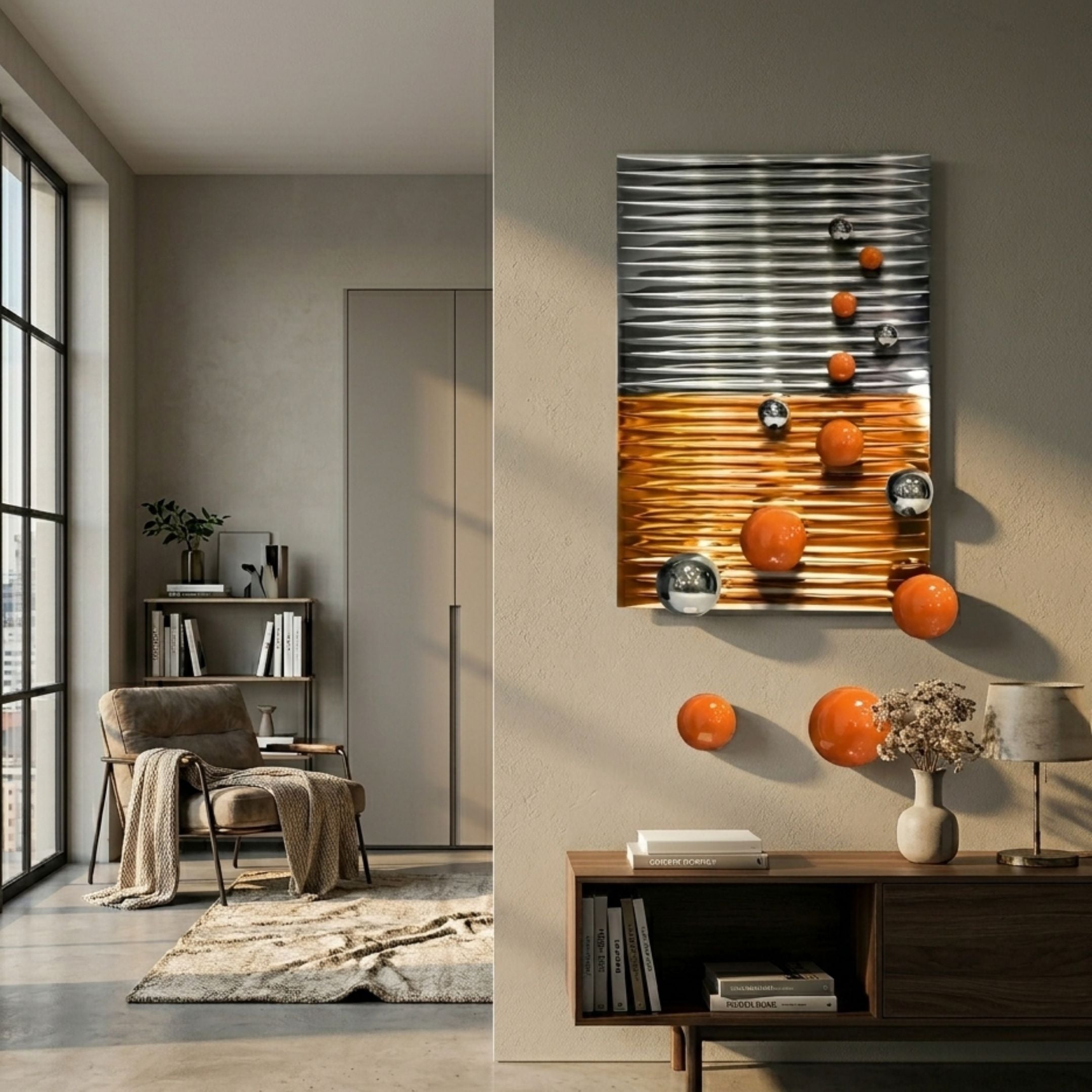 Orbentra Dual-Tone 3D Wall Art by Giant Sculptures displayed on a beige wall above a wooden console in a modern living room with armchair and bookshelf.