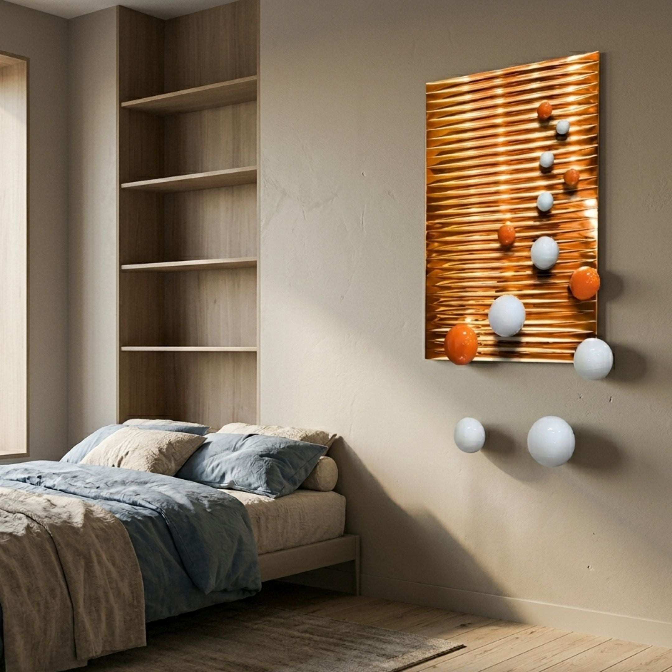 Orbentra Orange 3D Wall Art with rippled metallic orange panel and glossy orange and white spheres, mounted in a bedroom above a blue-linen bed.