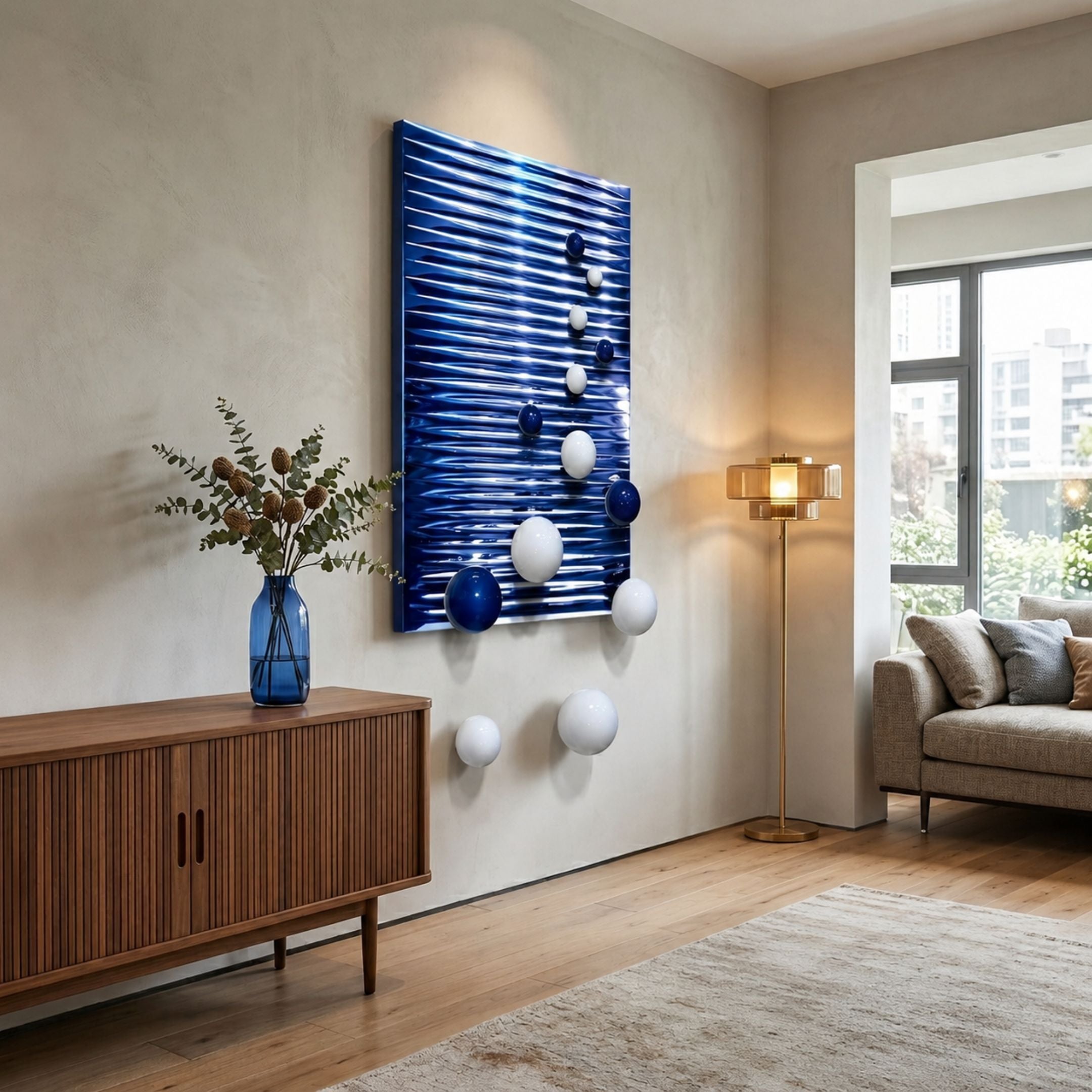 Orbentra Blue 3D Wall Art by Giant Sculptures displayed in a living room above a walnut sideboard, with blue and white spheres on a rippled blue panel.