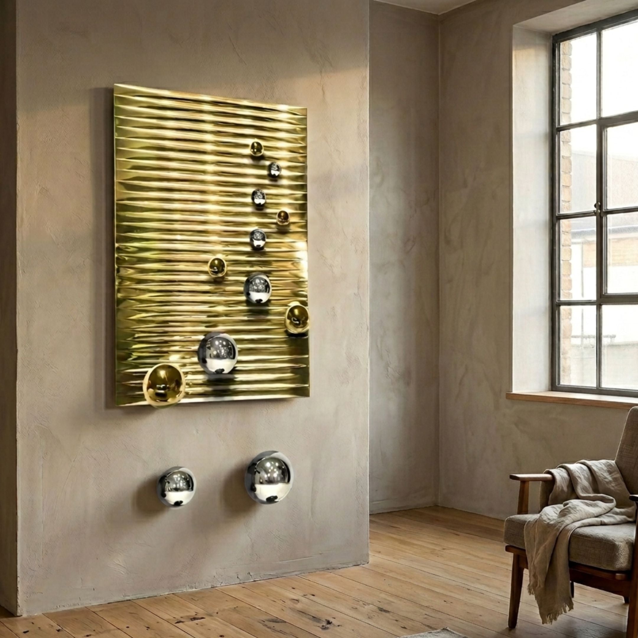 Orbentra Gold 3D Wall Art by Giant Sculptures, a ridged gold panel with scattered gold and chrome spheres, mounted in a plaster-walled room near an armchair.