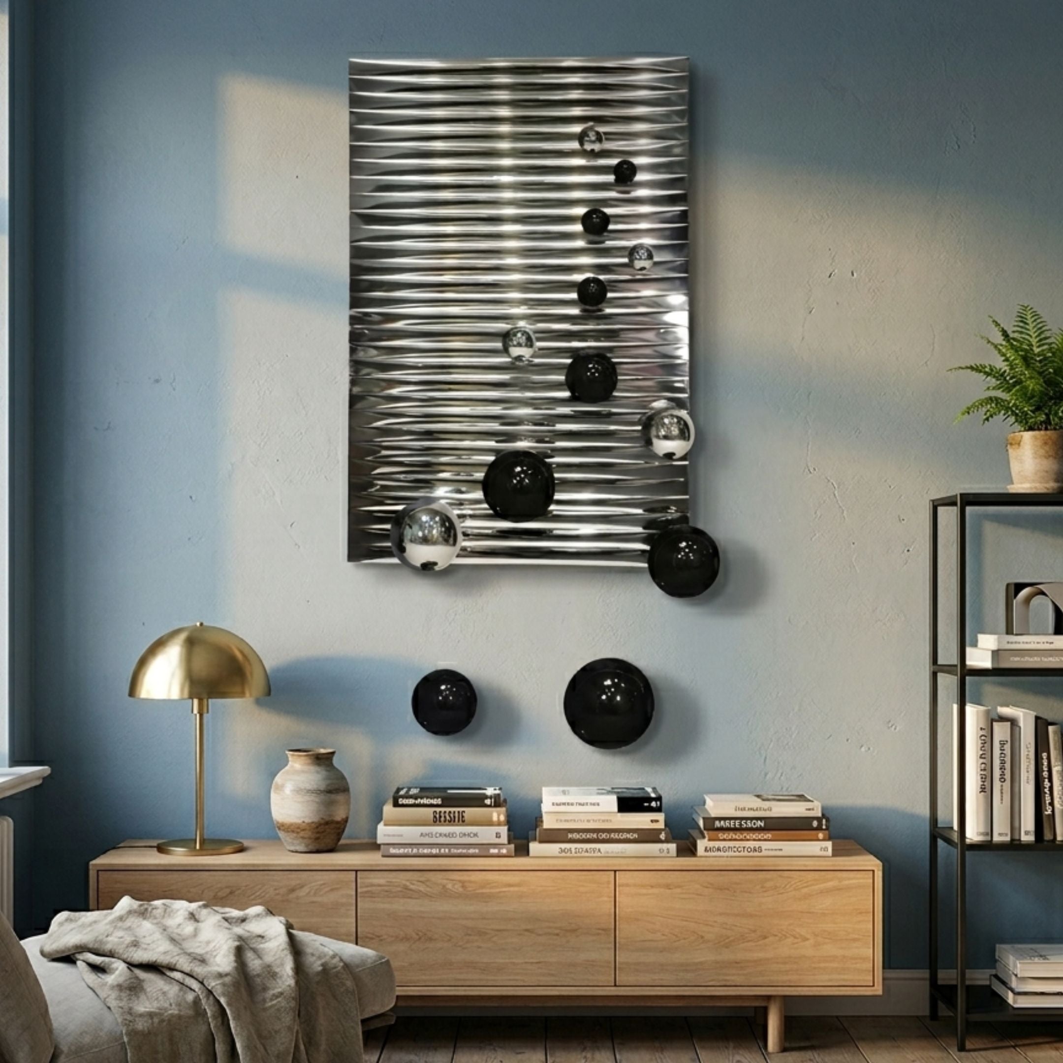 Orbentra Silver 3D Wall Art with rippled chrome panel and black and mirrored metal spheres displayed above a wooden sideboard on a blue wall.
