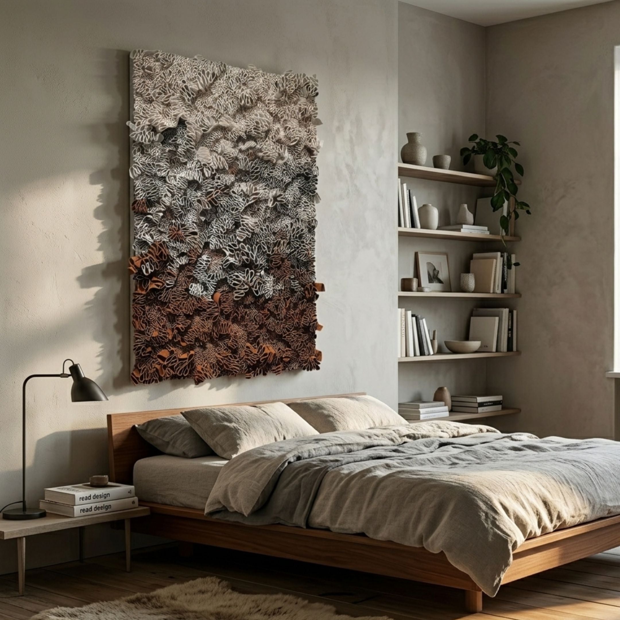 Liora Brown Ombre Ribbon Leather 3D Wall Art by Giant Sculptures mounted above a wooden bed in a neutral bedroom with linen bedding and shelving alcove.