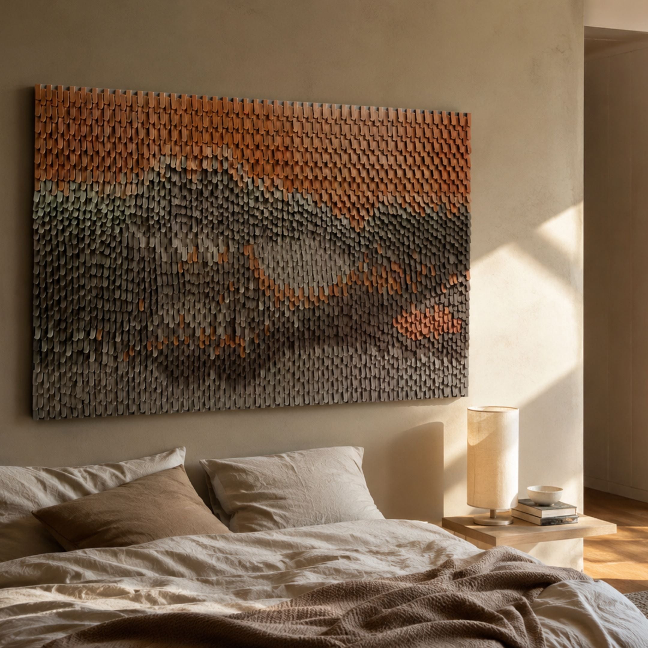 Varentis Terracotta Ombre Layered Leather 3D Wall Art by Giant Sculptures mounted above a linen-dressed bed, with sunlight highlighting its scale-like texture.