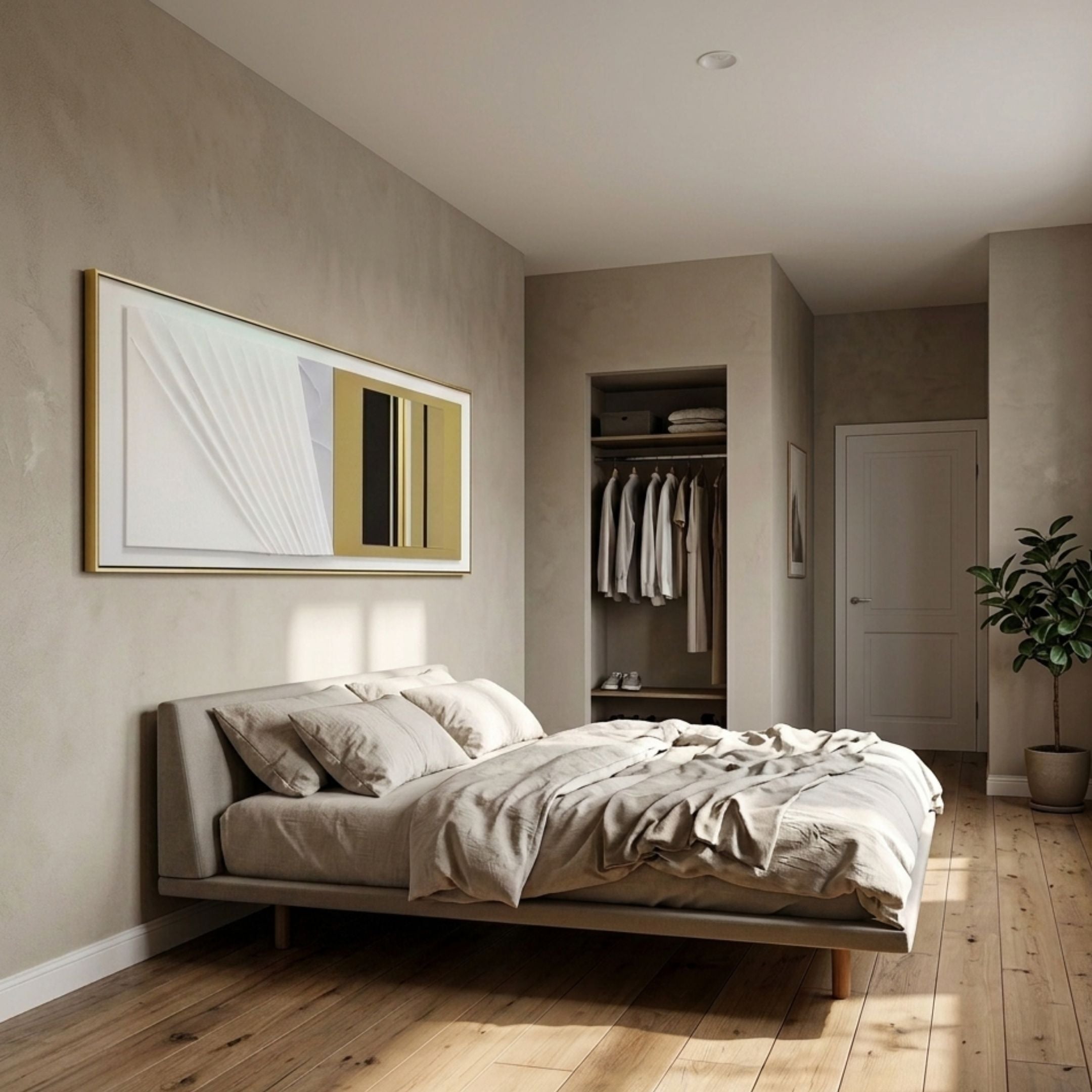 Velvaris Gold & White Panelled Leather 3D Wall Art by Giant Sculptures mounted above a low bed in a neutral bedroom with an open wardrobe nearby.