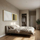 Velvaris Gold & White Panelled Leather 3D Wall Art by Giant Sculptures mounted above a low bed in a neutral bedroom with an open wardrobe nearby.