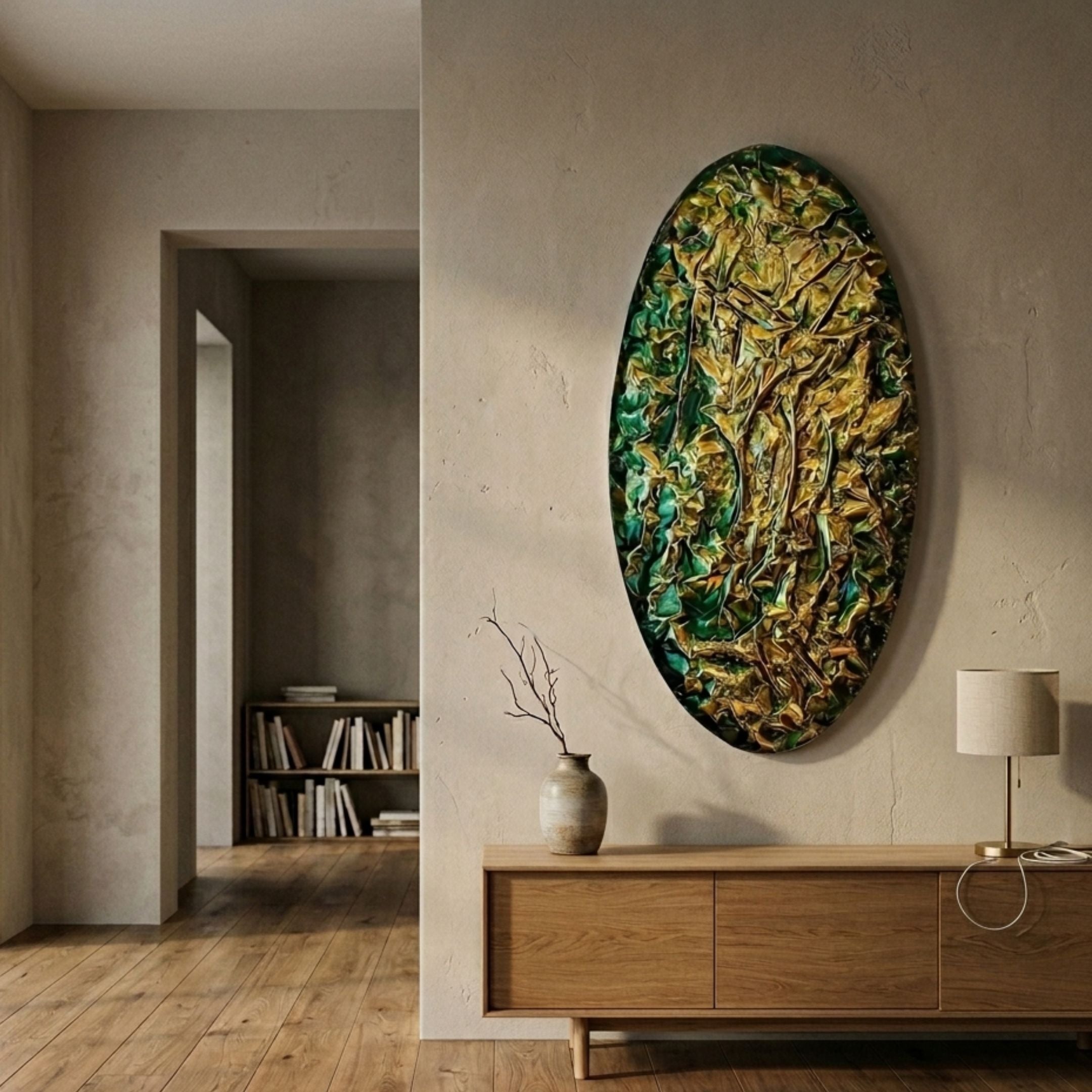Ferava Oval Textured Gloss Leather 3D Wall Art in emerald green and gold mounted above a wooden sideboard with a stoneware vase and linen lamp.
